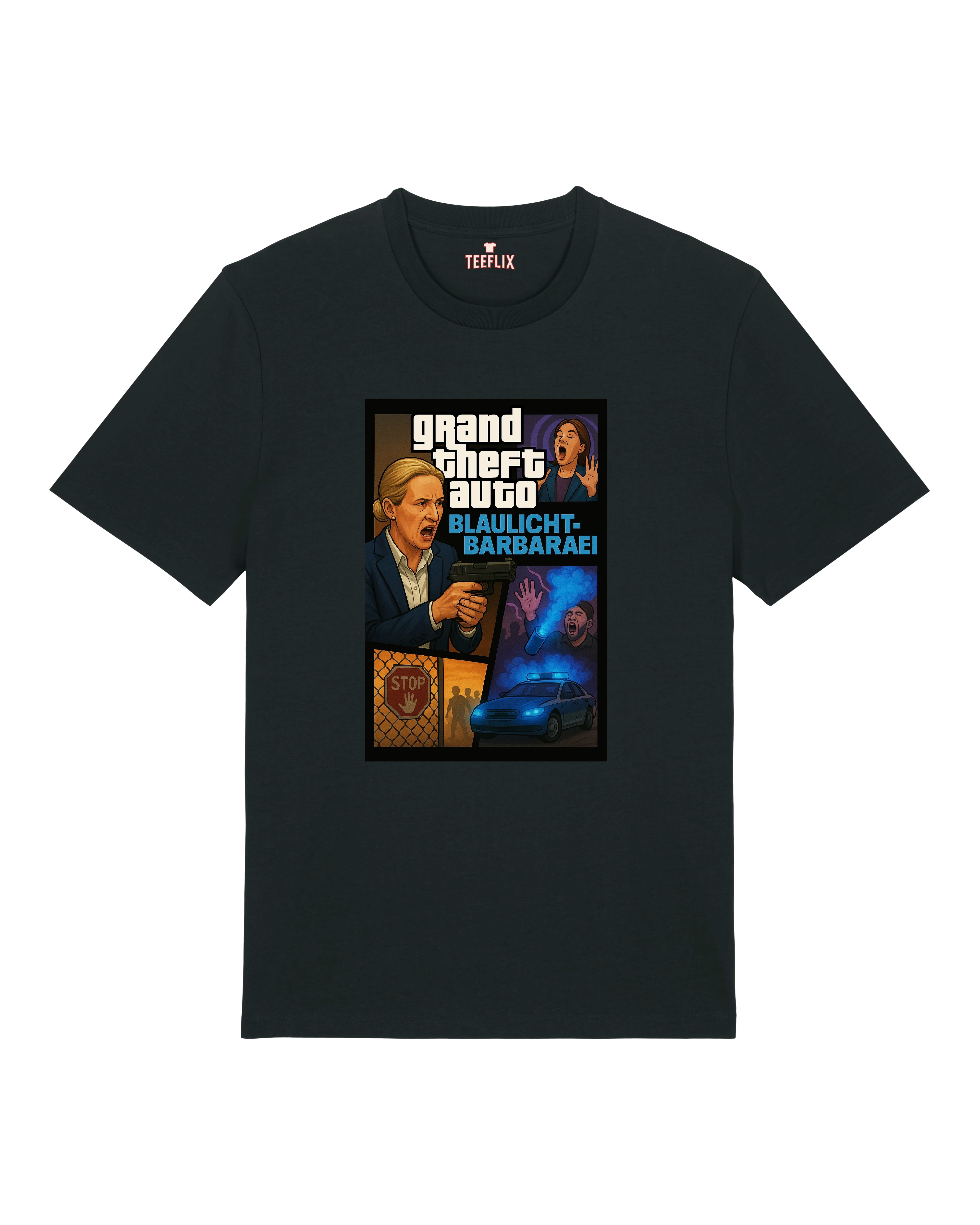 „T-Shirt mit GTA-Cover-Design, das eine Politikerin mit Waffe und Blaulicht-Szene zeigt – satirisches Statement auf schwarzem Shirt“