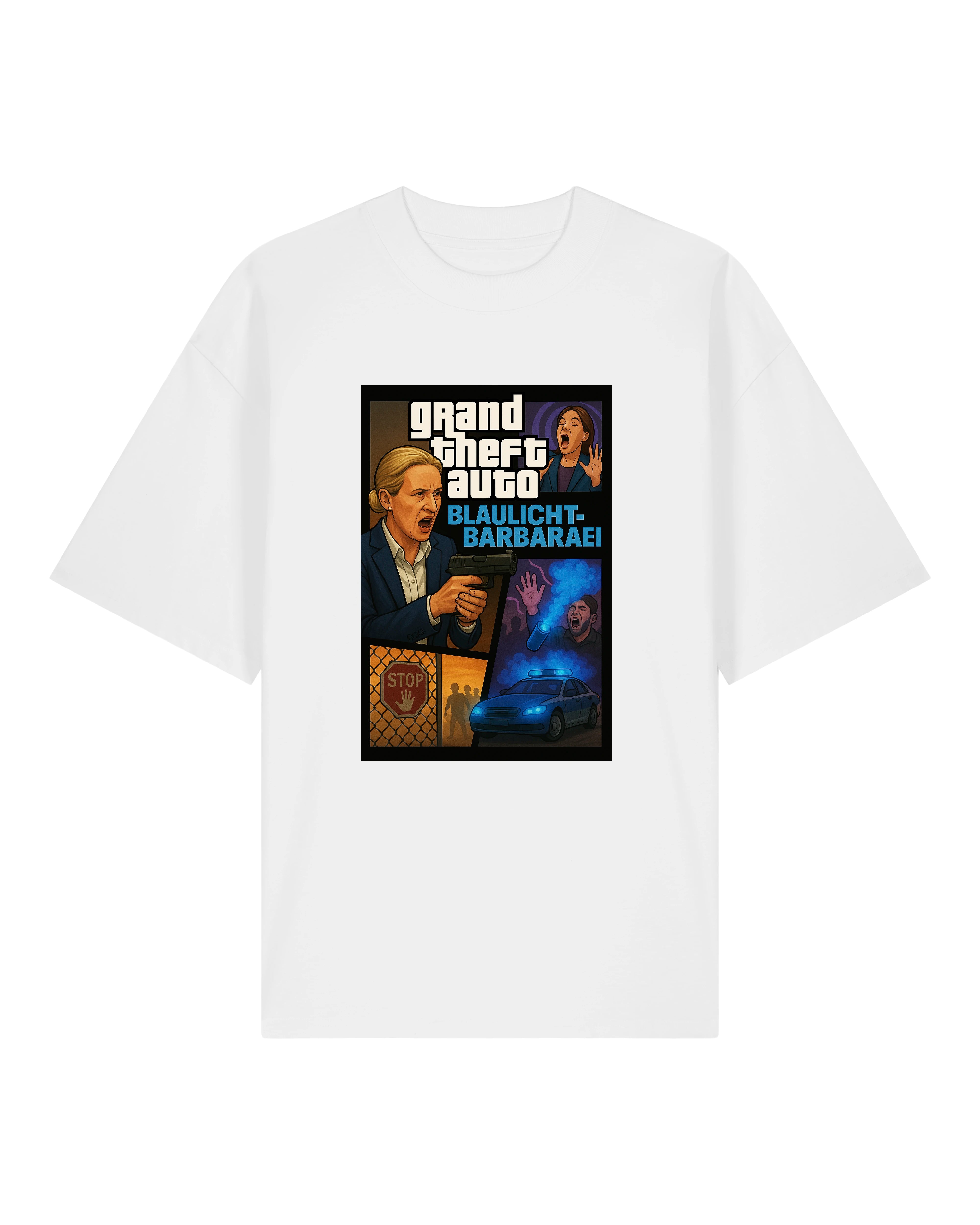 „Weißes Bio-Shirt mit popkulturellem Satire-Druck – Blaulicht-Barbarei-Motiv“