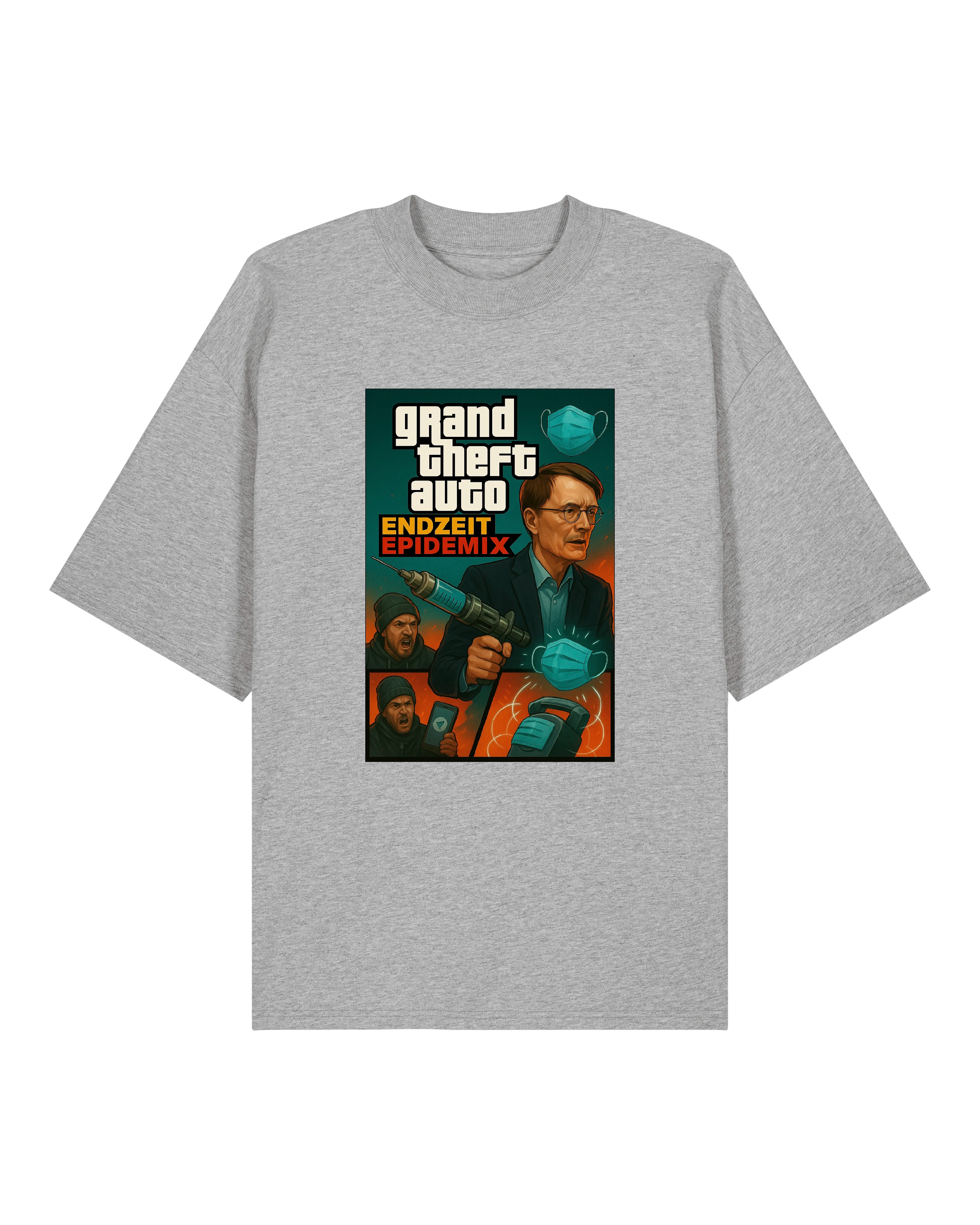 Graues T-Shirt mit humorvoller Anspielung auf Lockdown-Zeiten im GTA-Stil