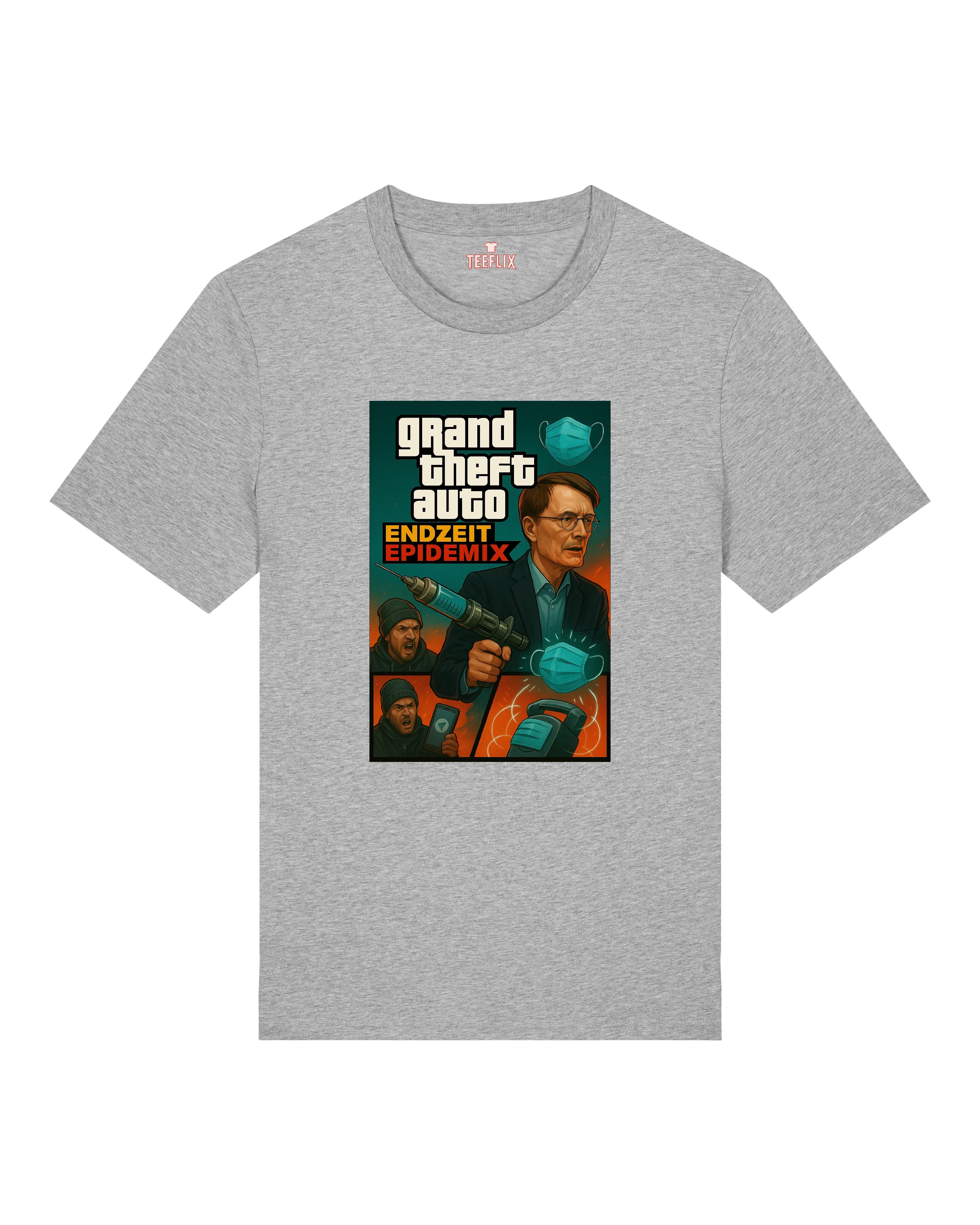 Graues T-Shirt mit humorvoller Anspielung auf Lockdown-Zeiten im GTA-Stil