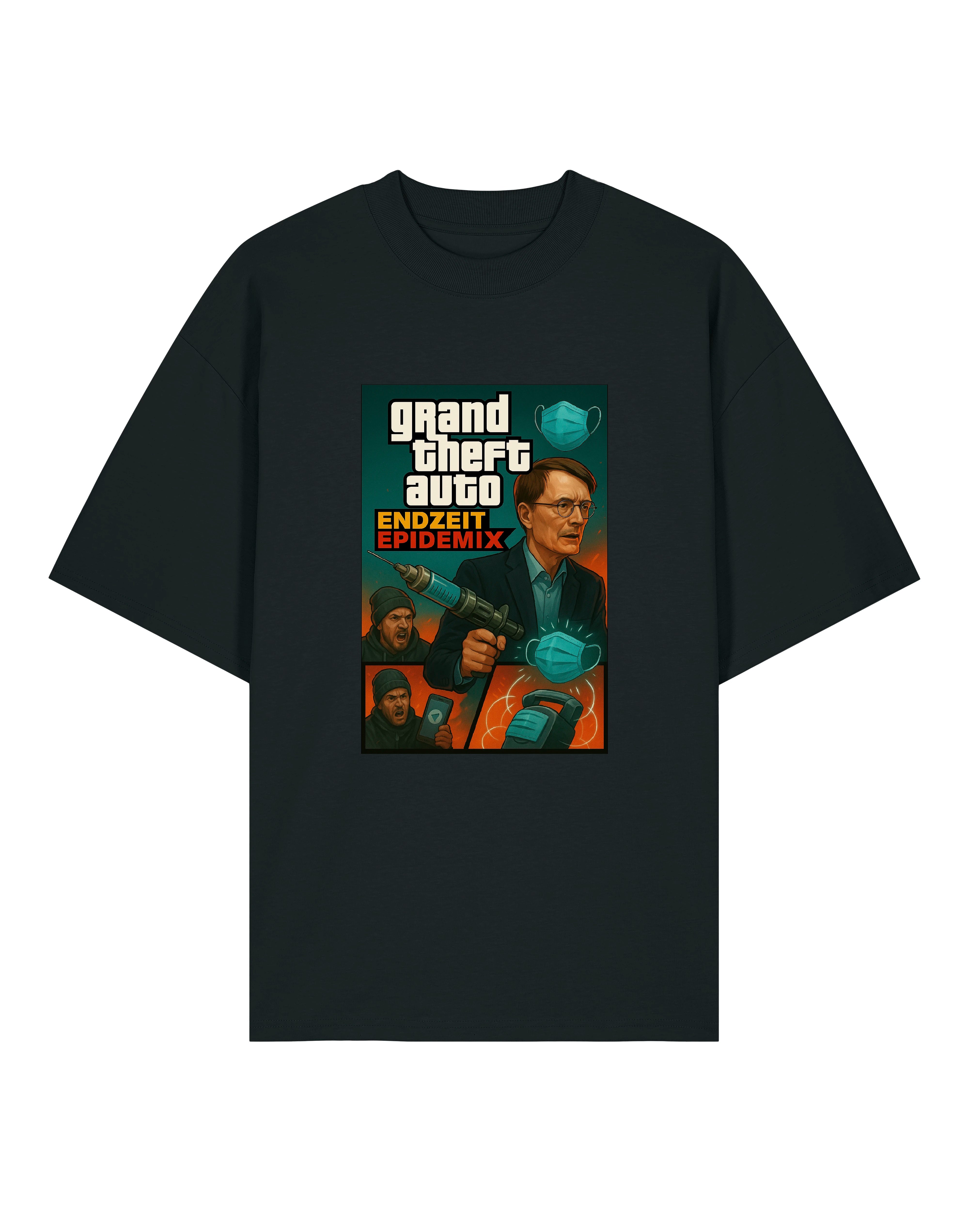 Schwarzes T-Shirt mit satirischem GTA-Pandemie-Motiv „Endzeit Epidemix“