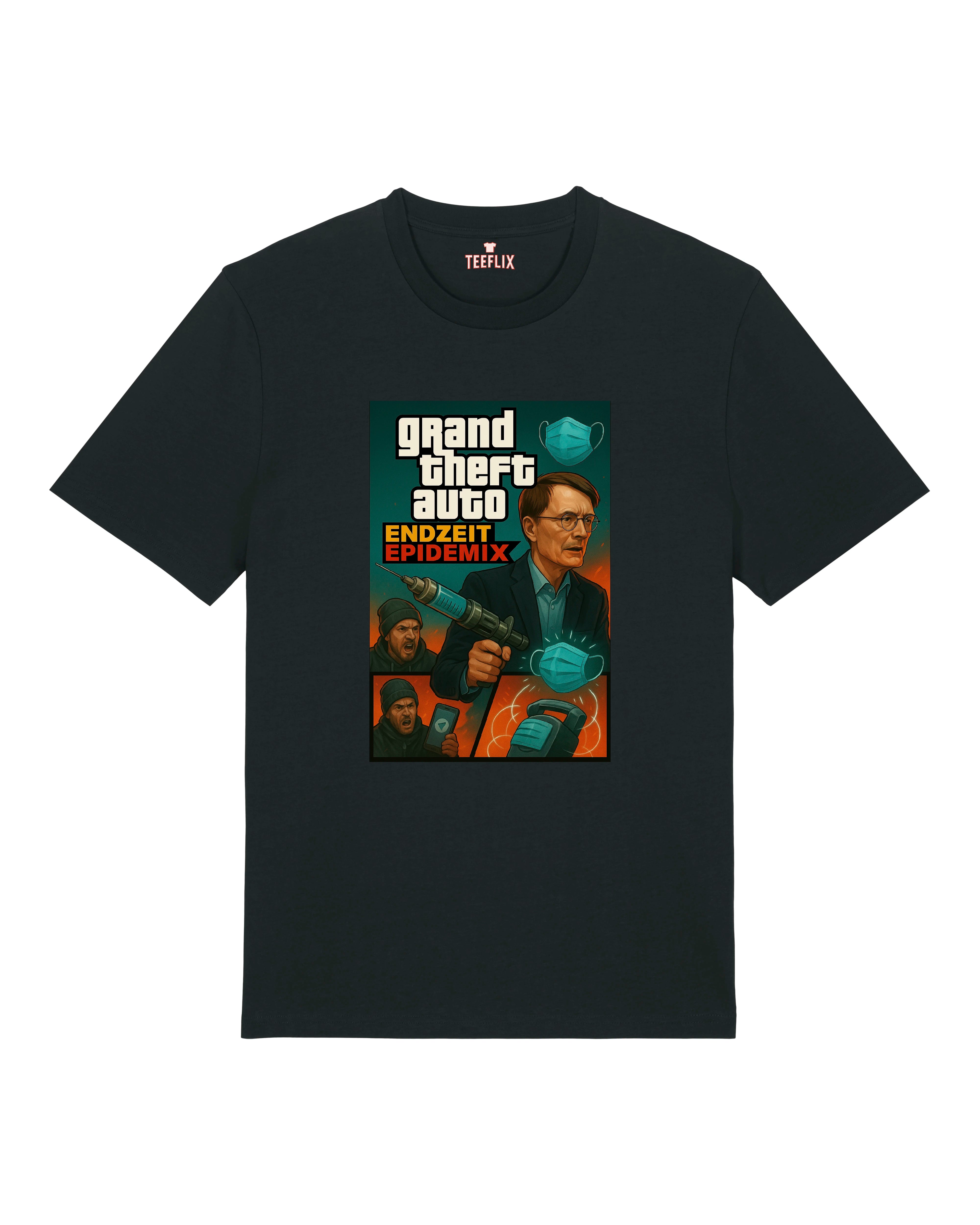 Schwarzes T-Shirt mit satirischem GTA-Pandemie-Motiv „Endzeit Epidemix“