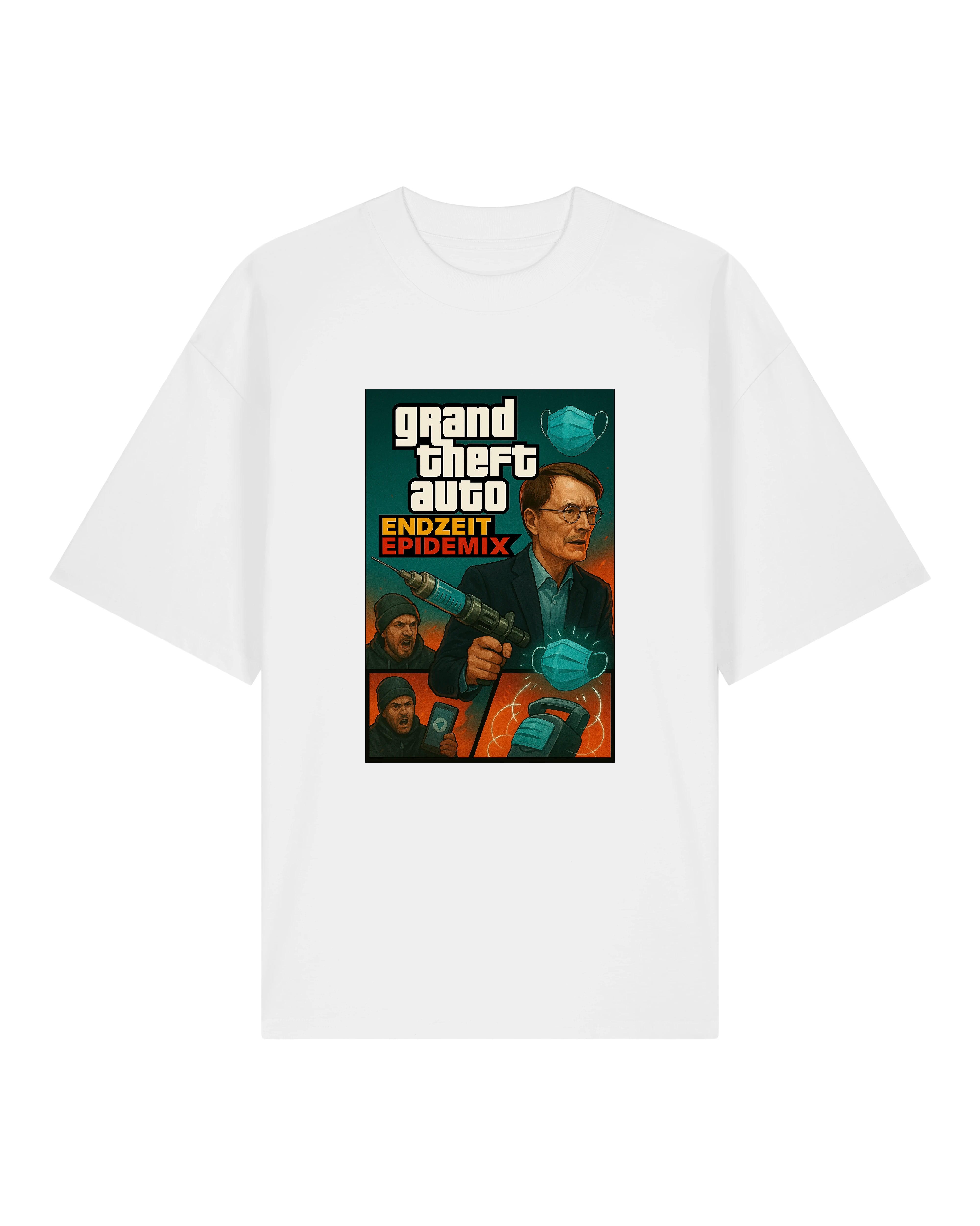 Weißes T-Shirt mit GTA-inspiriertem Pandemie-Satire-Druck
