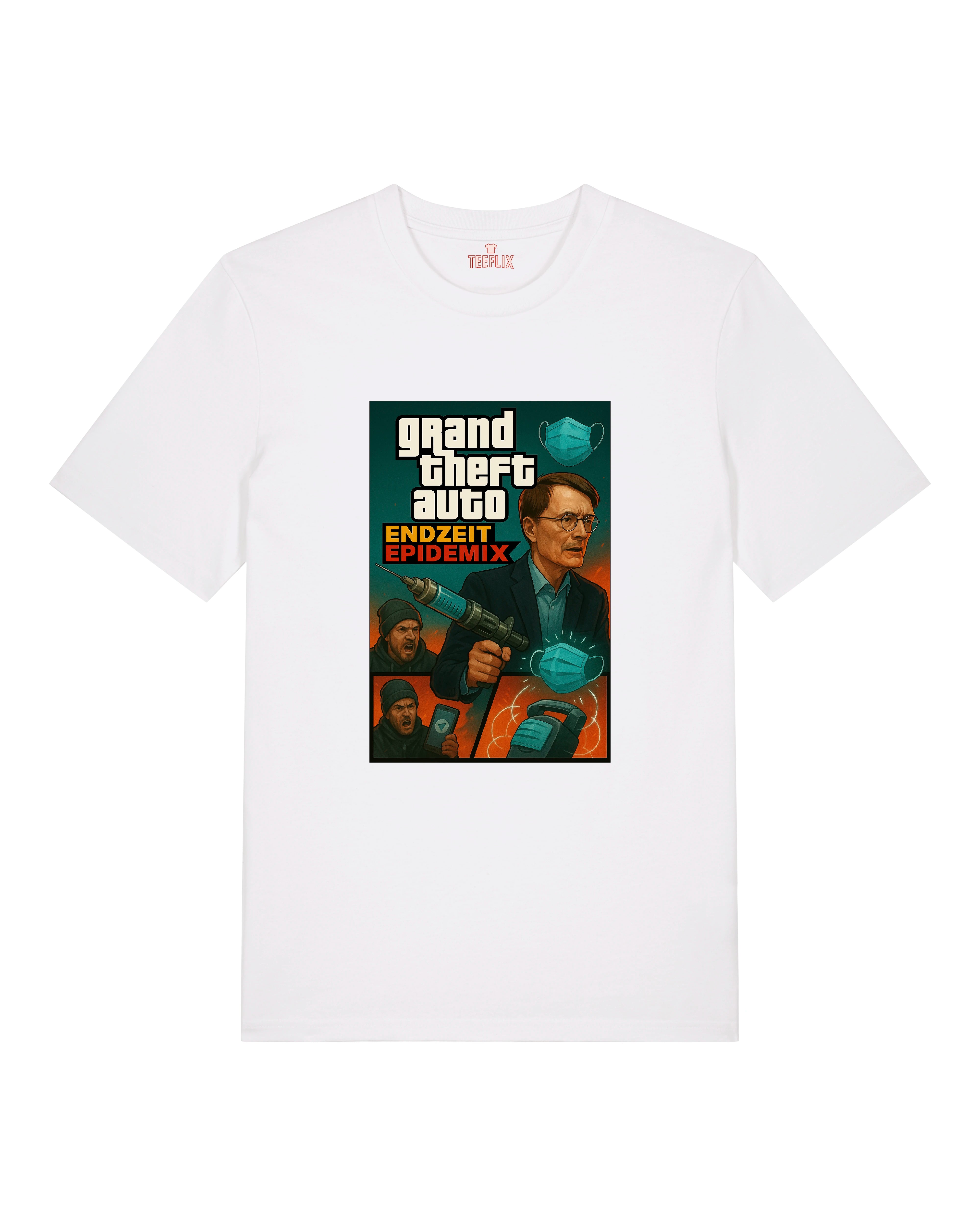 Weißes T-Shirt mit GTA-inspiriertem Pandemie-Satire-Druck