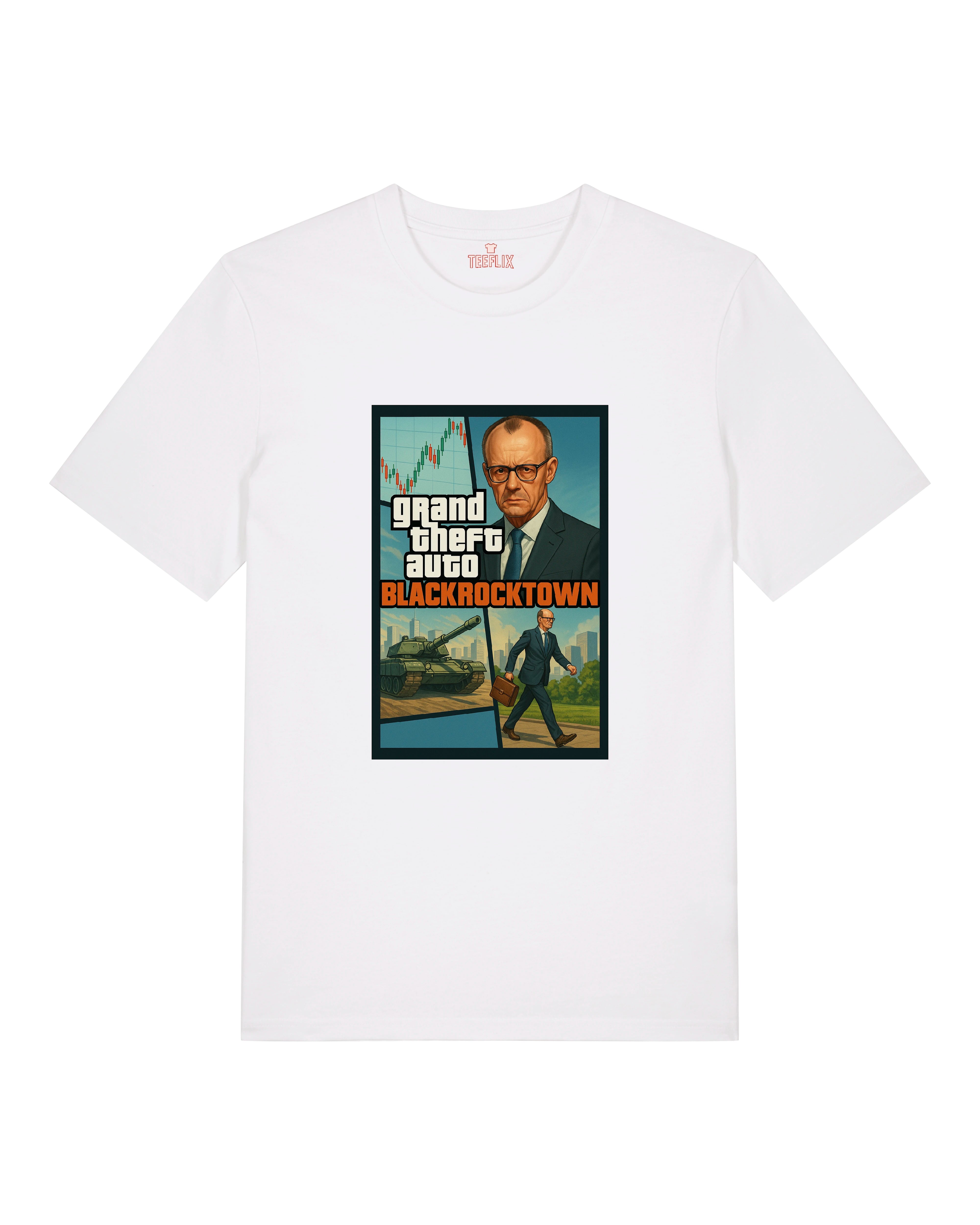 T-Shirt mit Friedrich Merz im GTA Blackrocktown Design – politische Satire im Gaming-Look