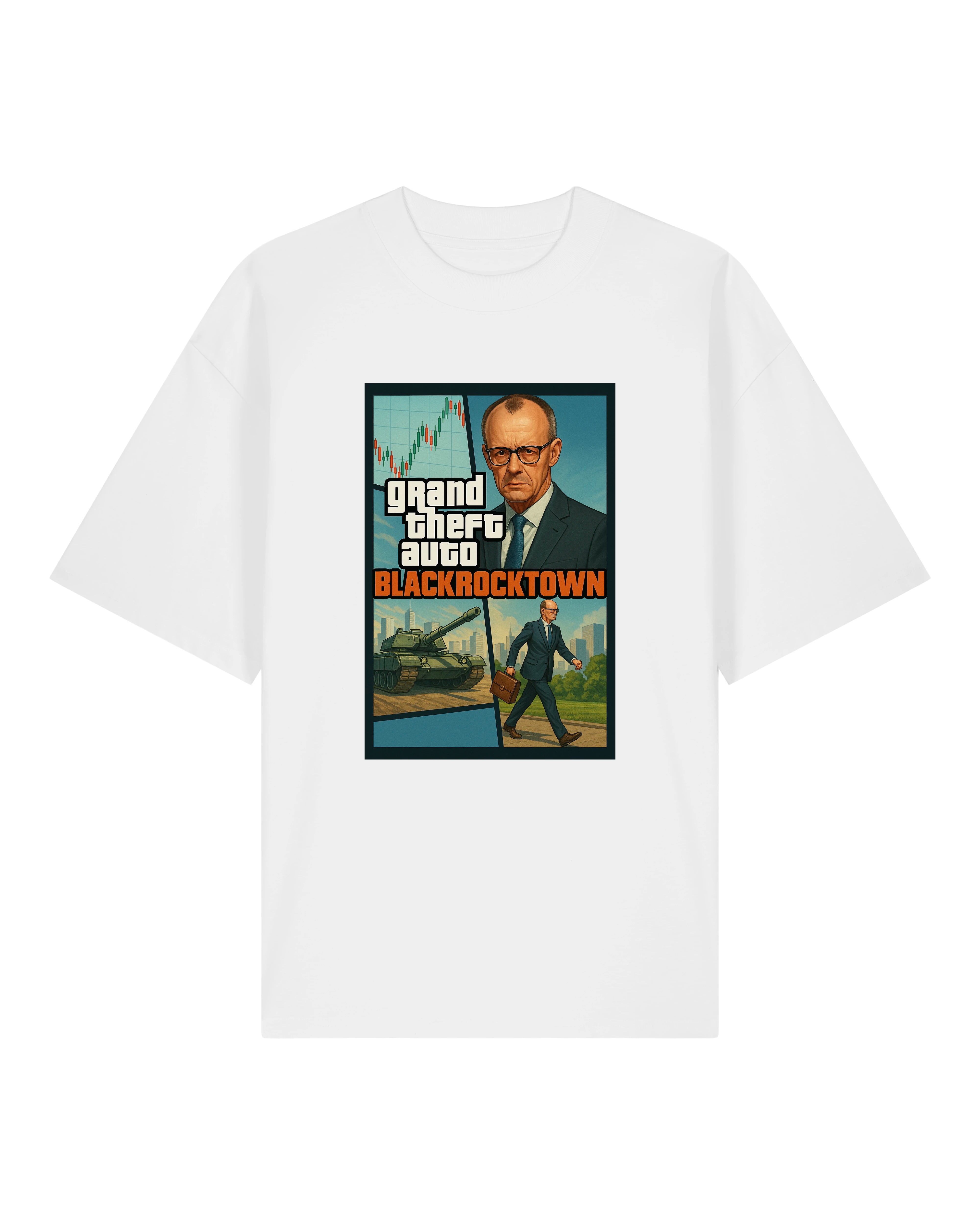 T-Shirt mit Friedrich Merz im GTA Blackrocktown Design – politische Satire im Gaming-Look