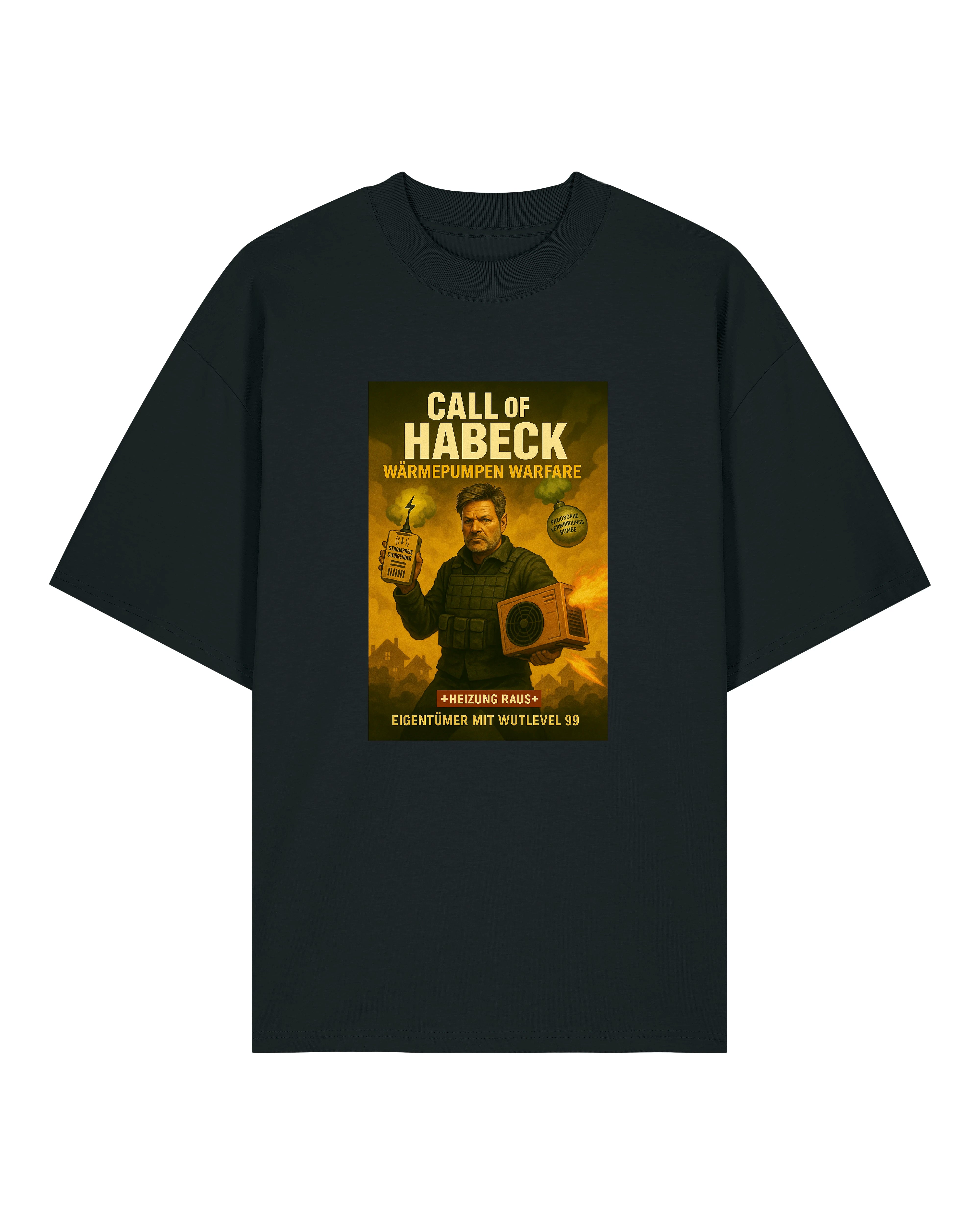 Schwarzes „Call of Habeck“ Shirt mit satirischem Wärmepumpen-Krieger-Motiv – Robert Habeck mit Heizung & Gesetz in der Hand.