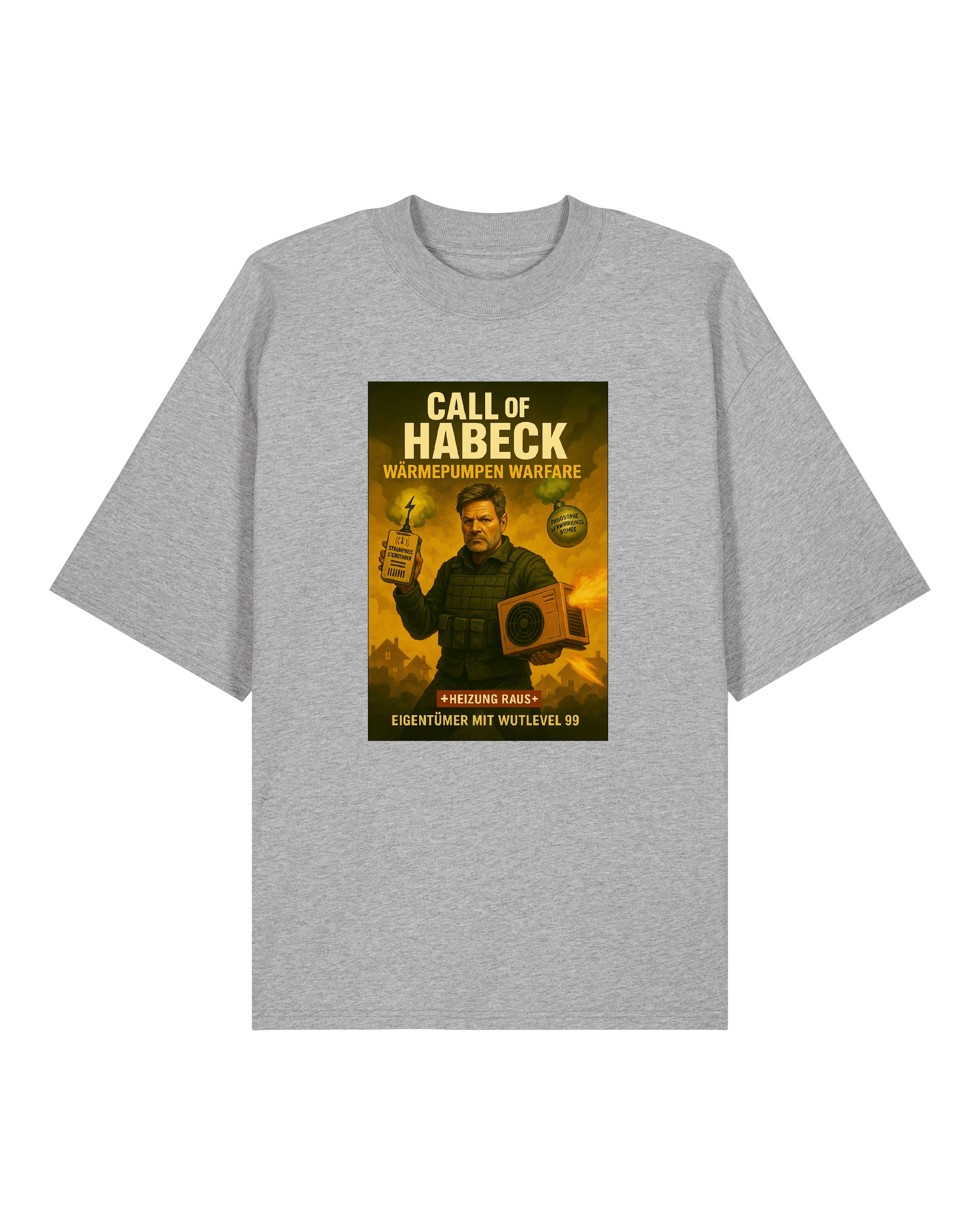 Graues „Call of Habeck“ Shirt mit ironischer Comic-Grafik – der grüne Minister im Wärmepumpen-Einsatz.