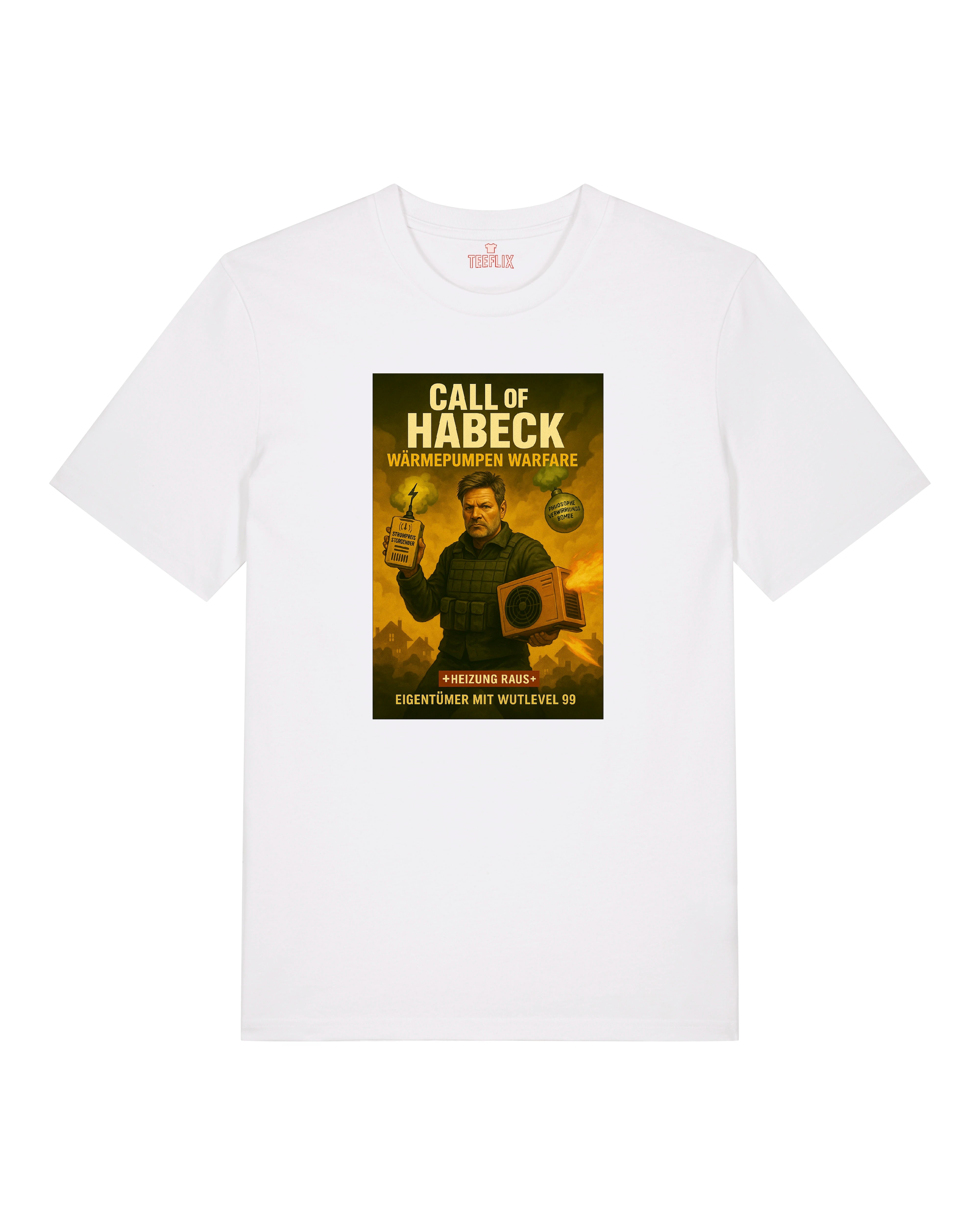 Weißes „Call of Habeck“ T-Shirt mit humorvoller Grafik – satirisches Politdesign rund um die Heizungswende.