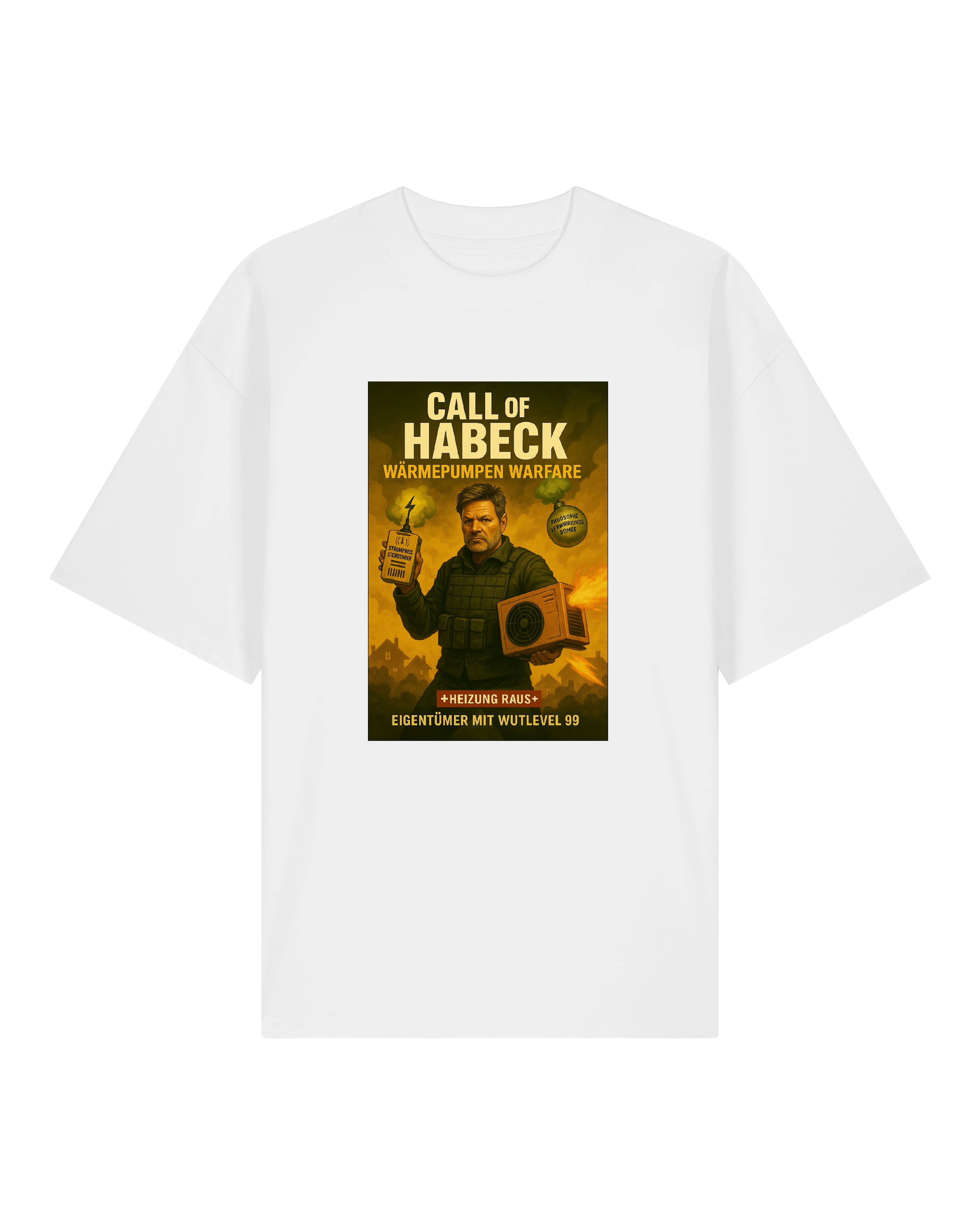 Weißes „Call of Habeck“ T-Shirt mit humorvoller Grafik – satirisches Politdesign rund um die Heizungswende.