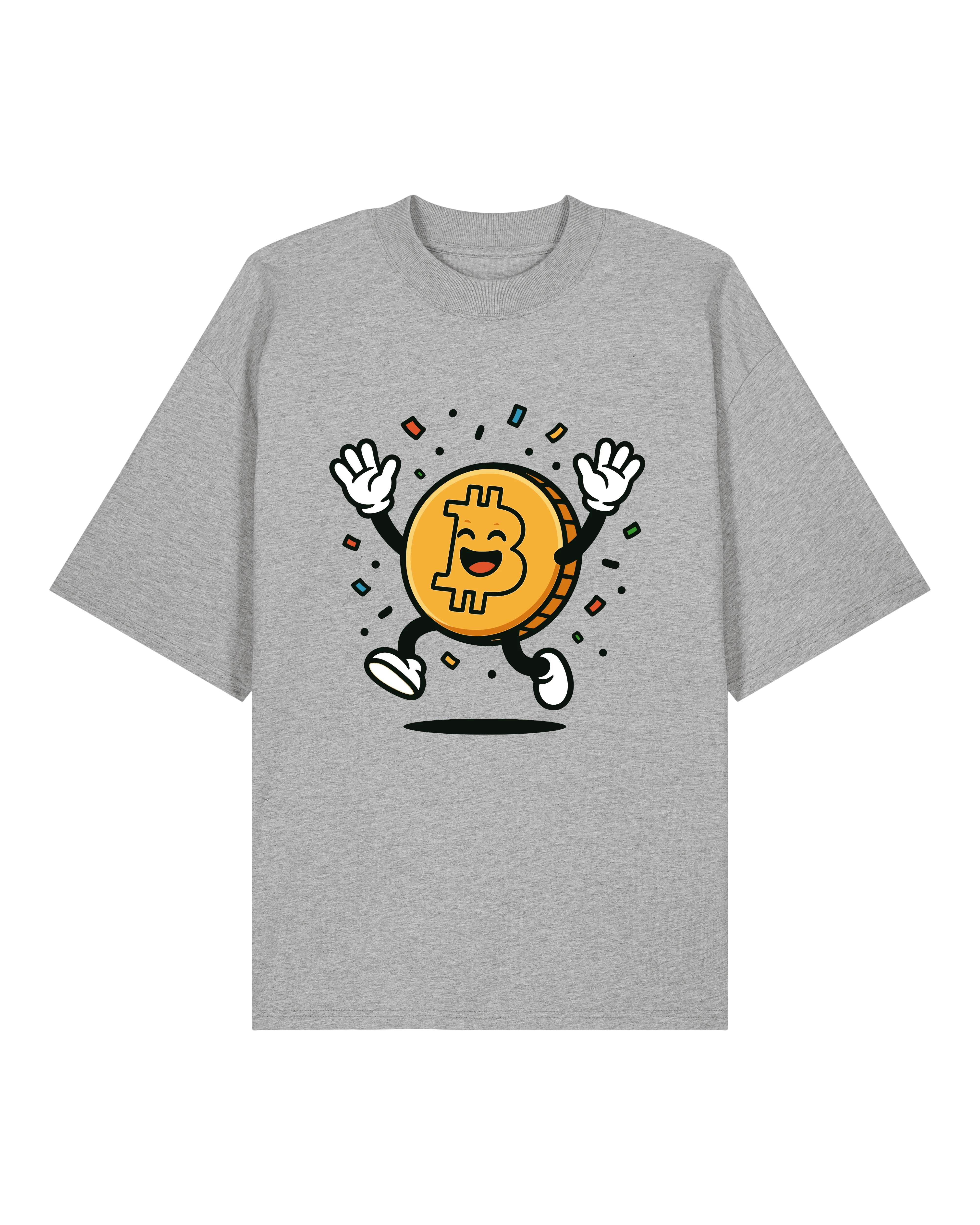 Oversized Graues Happy Bitcoin Shirt – Krypto Shirt mit Comic-Motiv für Fans auf Teeflix T-Shirt