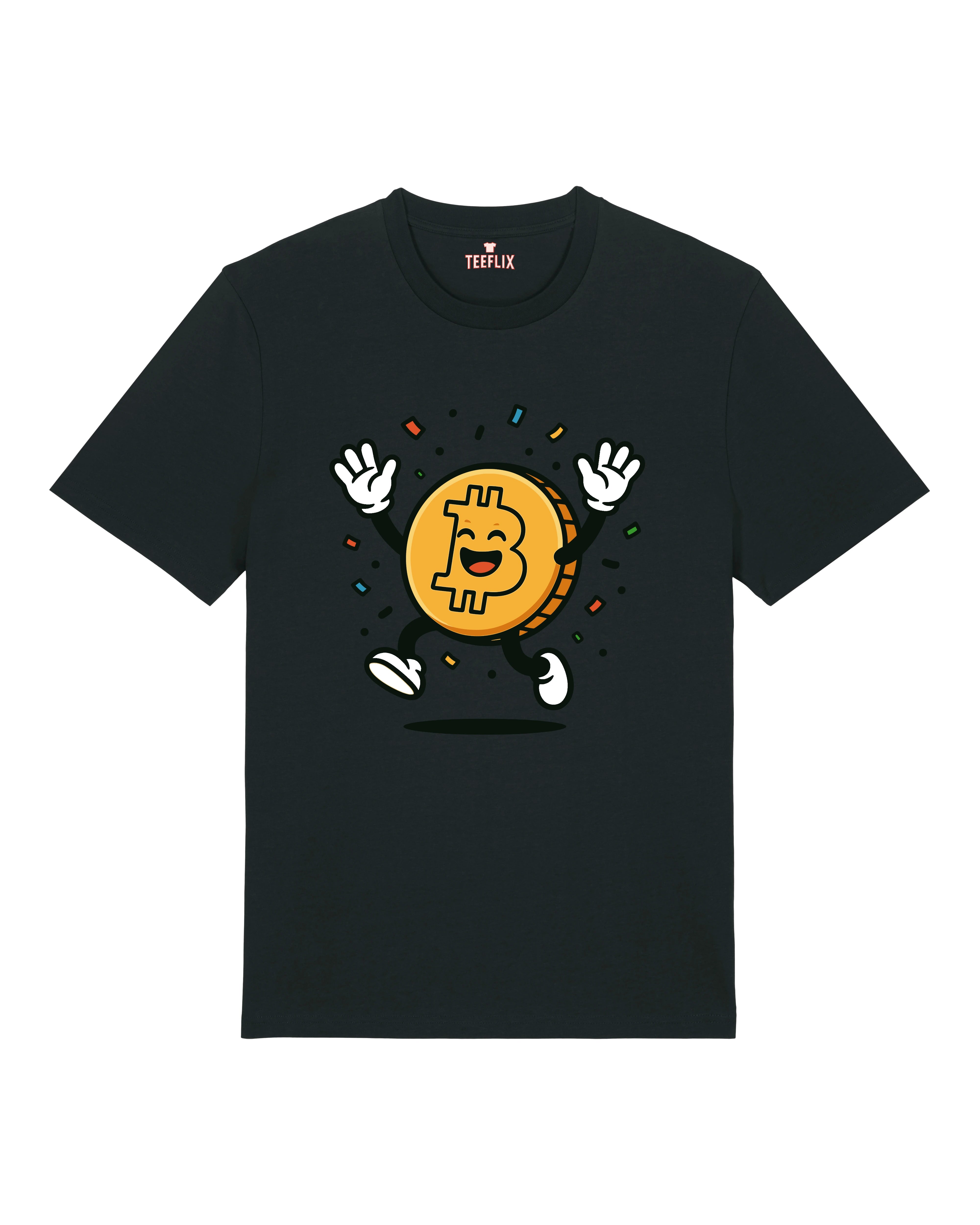 Schwarzes Happy Bitcoin T-Shirt – Fröhlicher BTC Coin Charakter auf hochwertigem Unisex Shirt von Teeflix