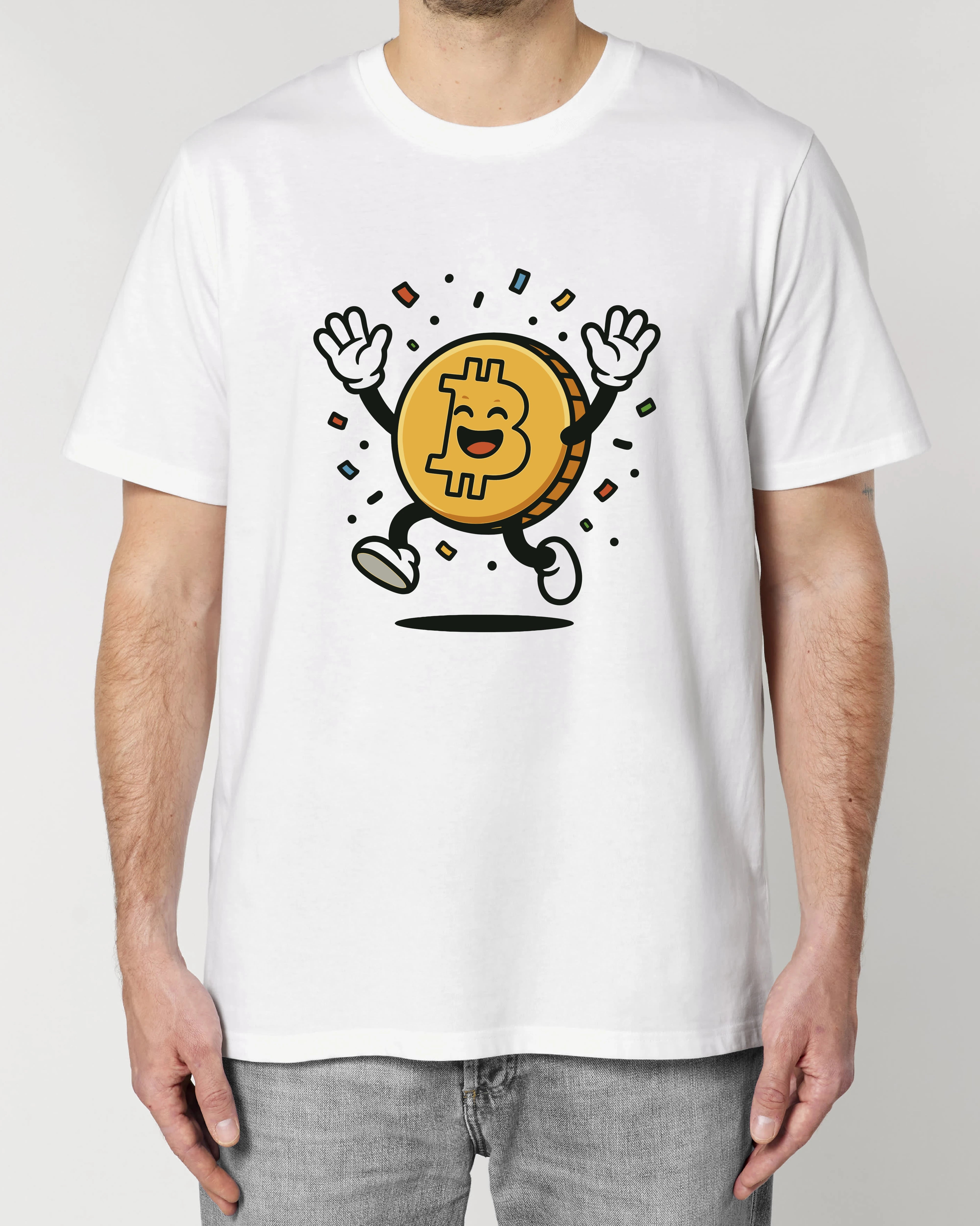 Lustiges Bitcoin Cartoon T-Shirt in Weiß – Fröhliches BTC Motiv auf Teeflix Premium Unisex Shirt