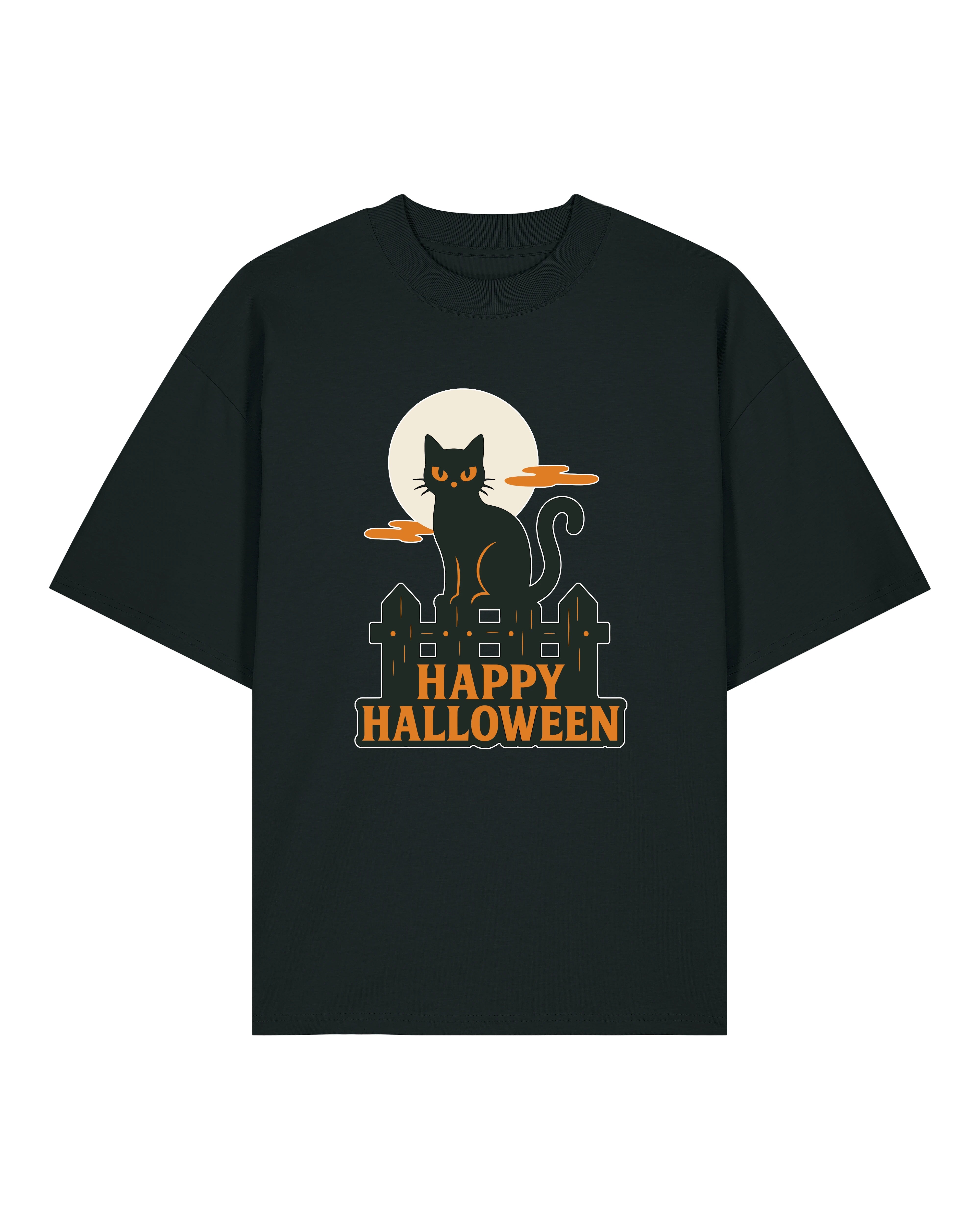 Oversized Halloween T-Shirt schwarz mit Katze – perfektes Shirt für Oktober, Party oder Alltagslook mit spooky Stimmung