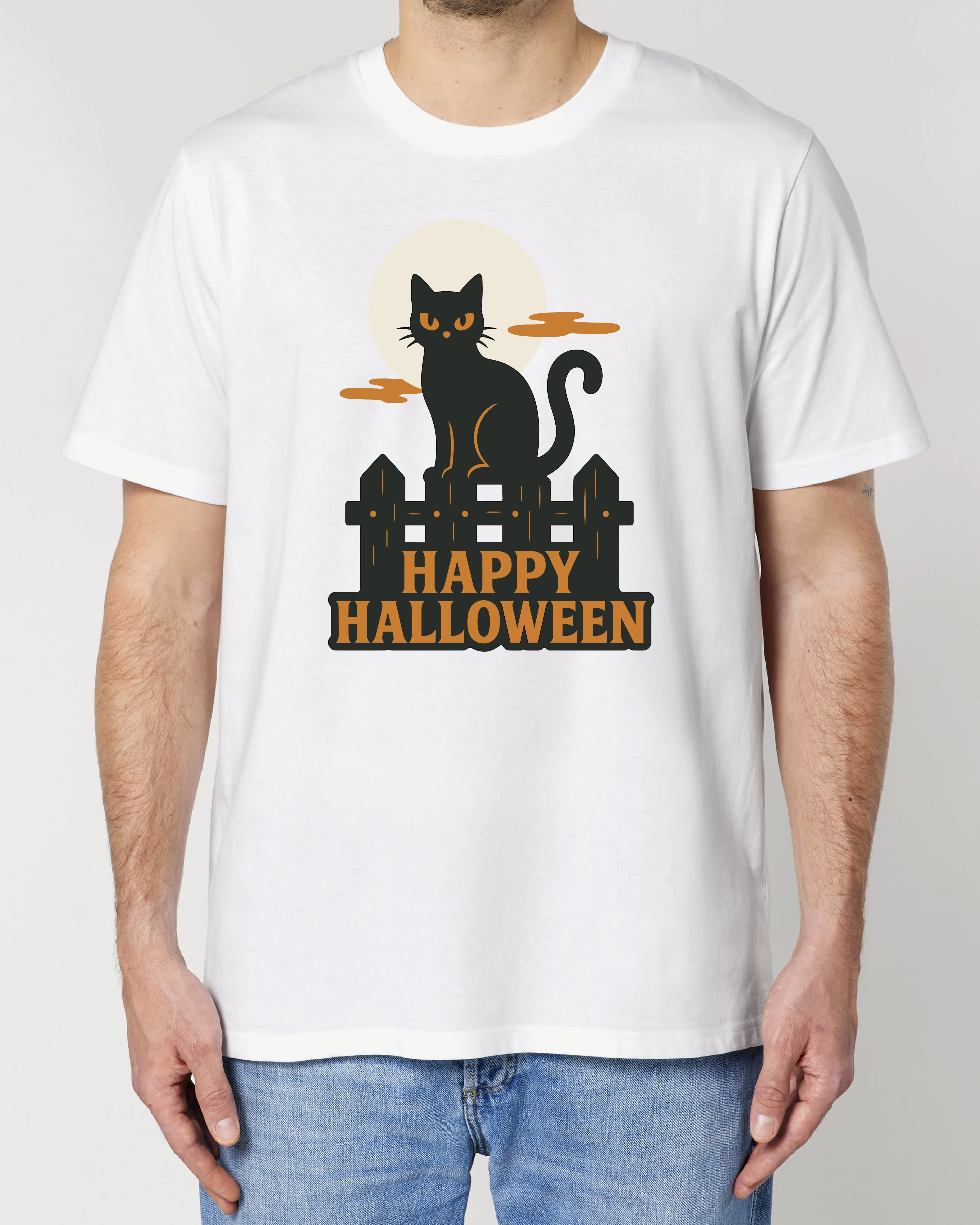 Halloween T-Shirt weiß Herren mit schwarzer Katze und Vollmond – perfektes Shirt für Halloween Party, spooky Look oder Katzenfans