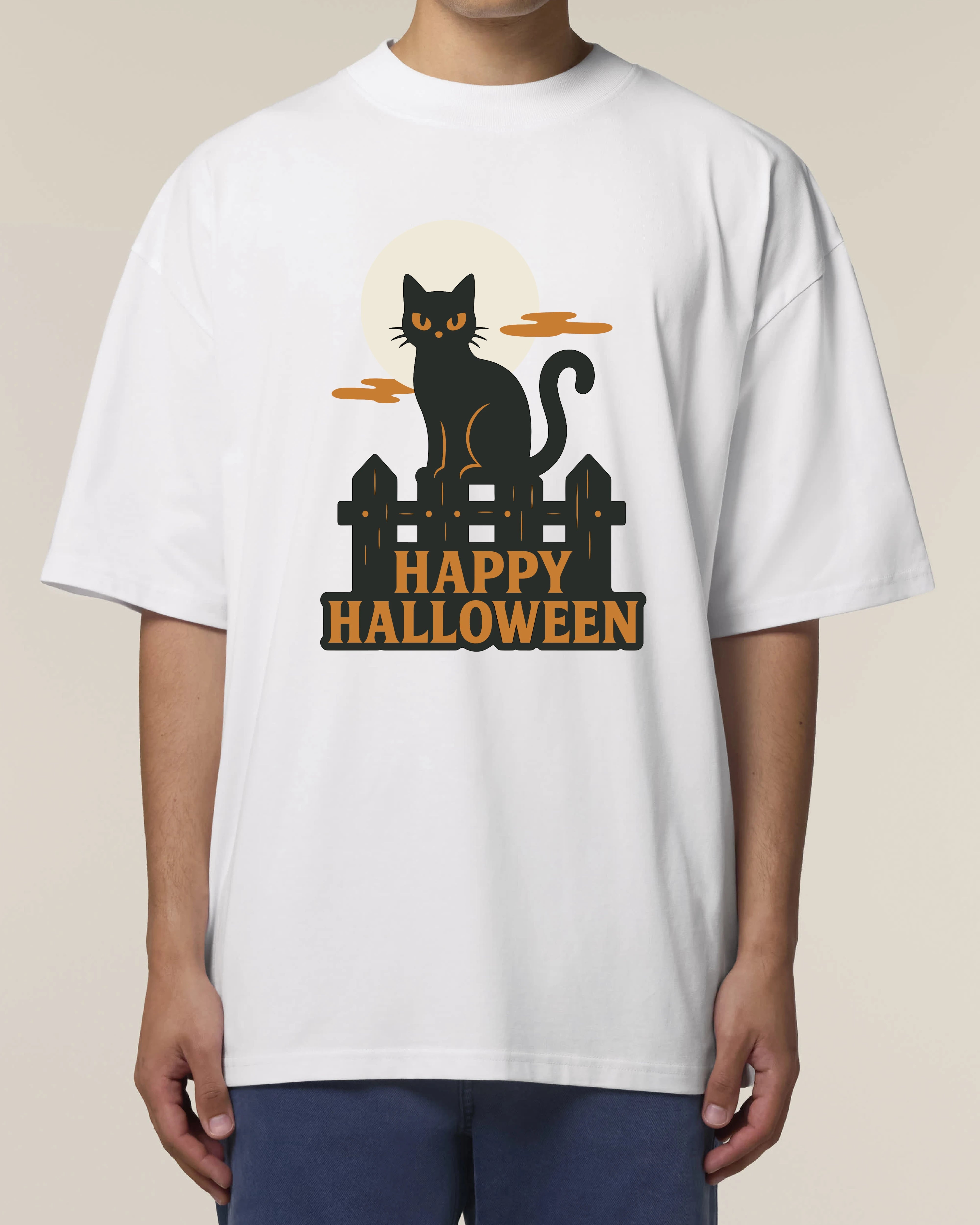 Oversized Halloween Shirt in Weiß mit schwarzer Katze auf Zaun – gruseliges und cooles Motiv für Männer und Frauen im Halloween-Look