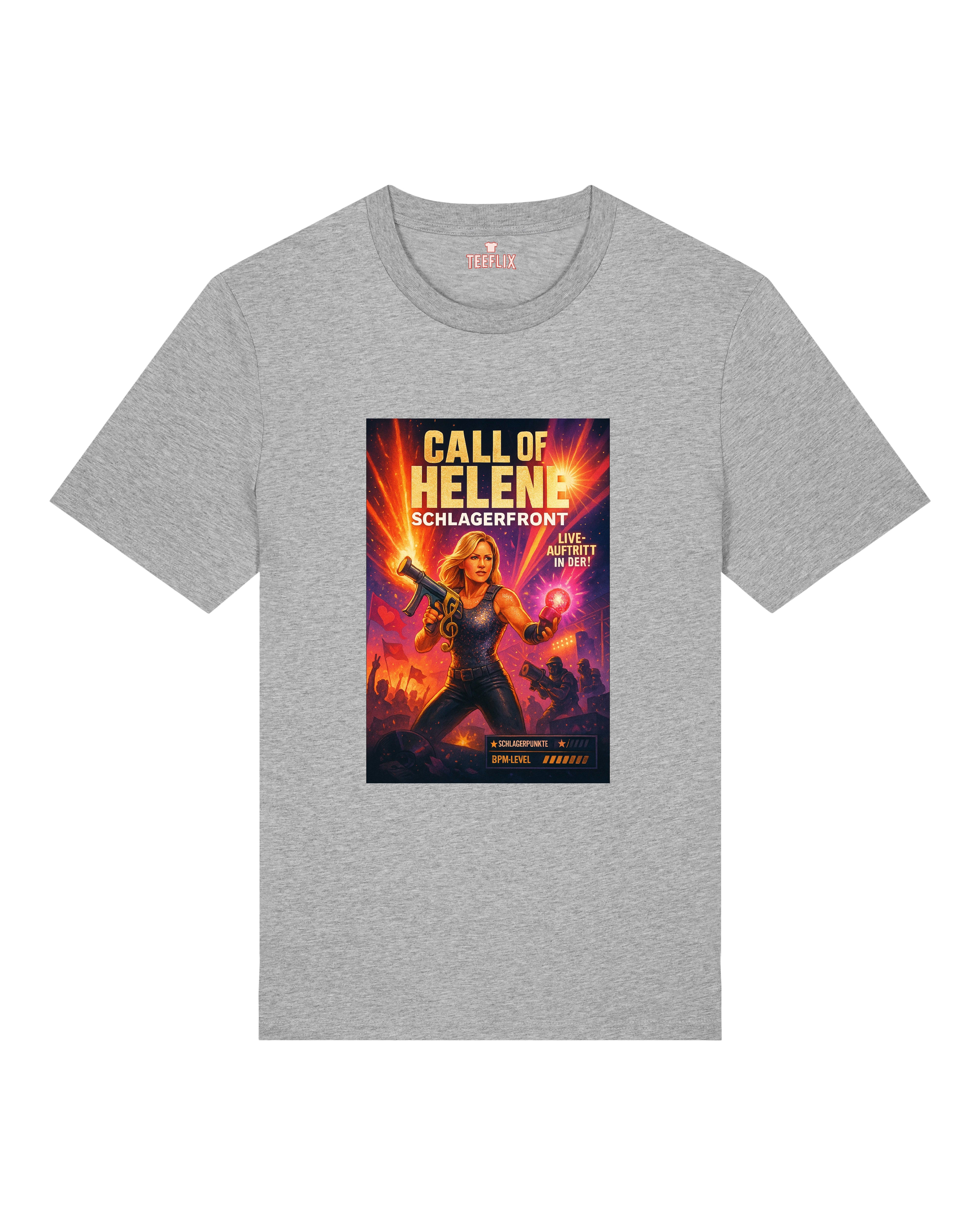 Graues Oversized T-Shirt mit humorvollem „Call of Helene“-Druck, inspiriert von Pop- und Schlagerszene.