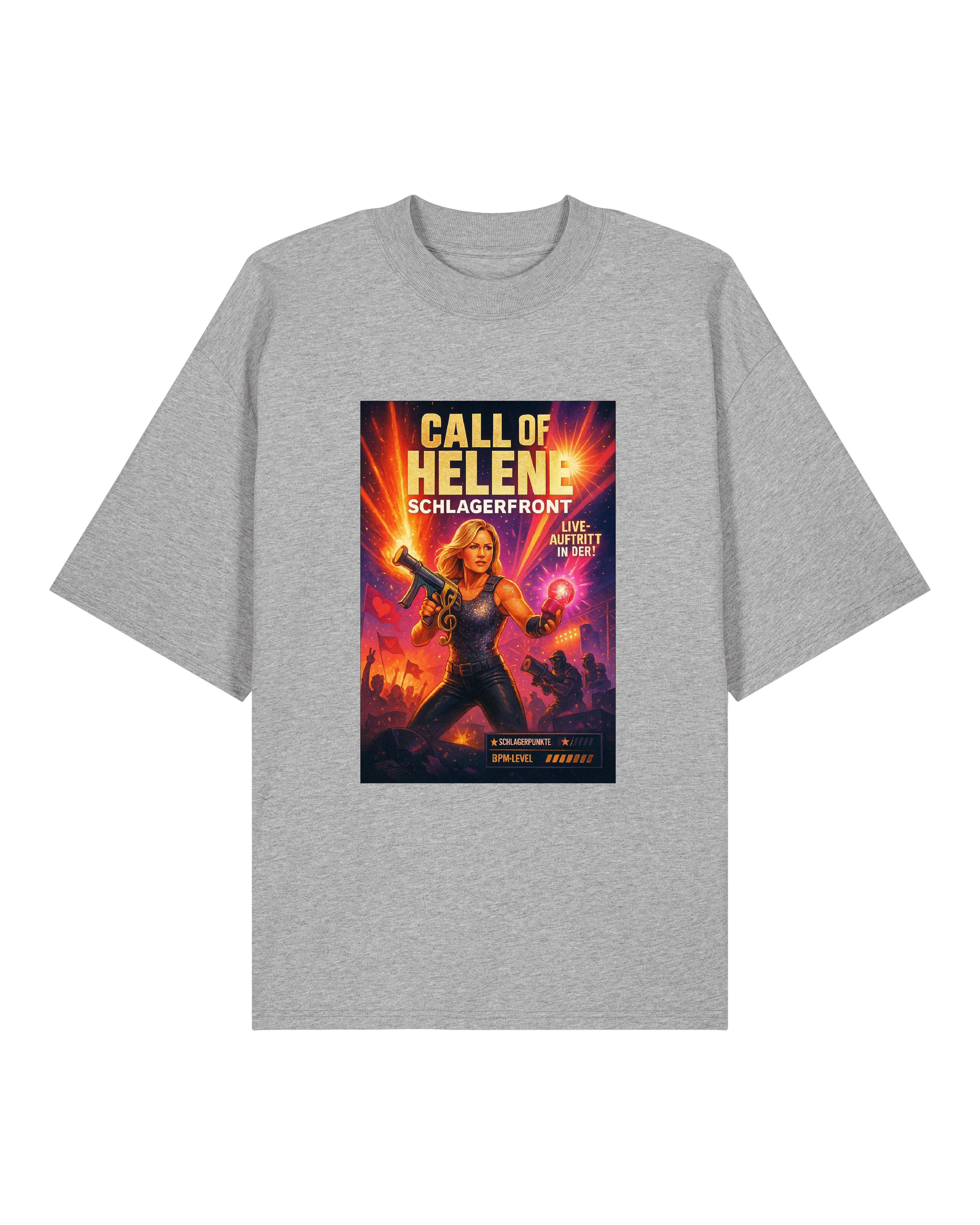 Graues Oversized T-Shirt mit humorvollem „Call of Helene“-Druck, inspiriert von Pop- und Schlagerszene.
