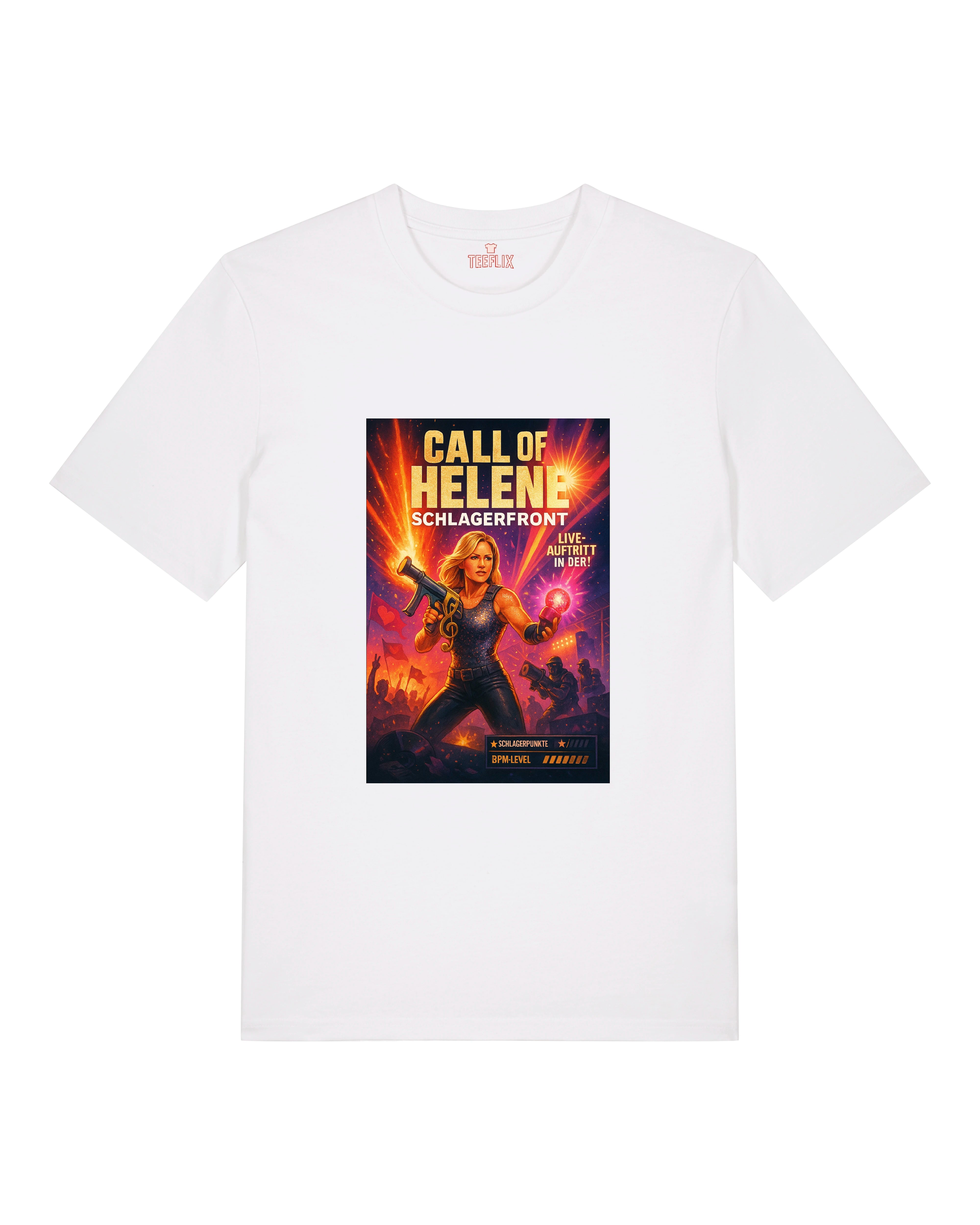 Weißes Shirt mit auffälligem „Call of Helene – Schlagerfront“-Design, ideal für Festivals oder Partys.