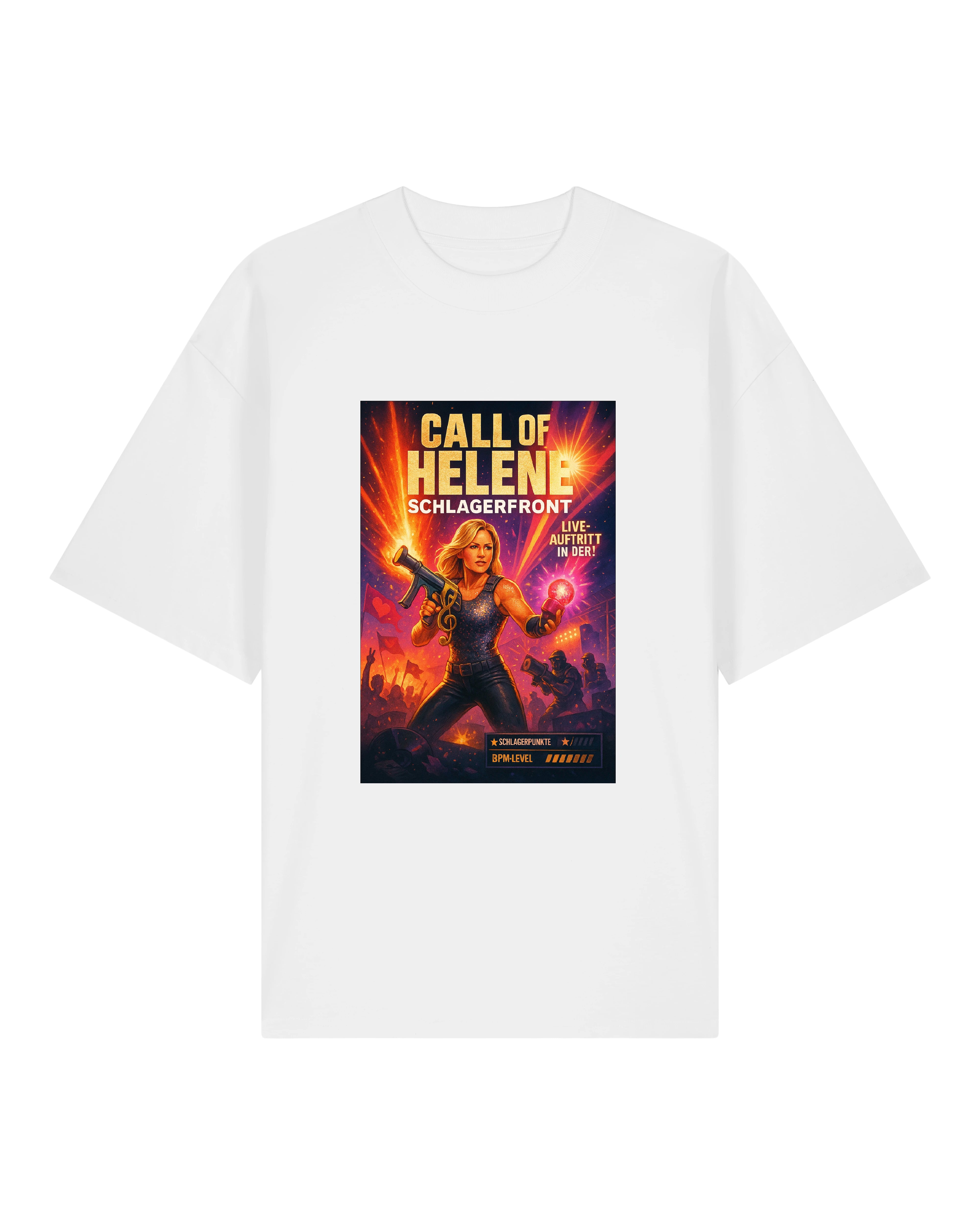 Weißes Shirt mit auffälligem „Call of Helene – Schlagerfront“-Design, ideal für Festivals oder Partys.