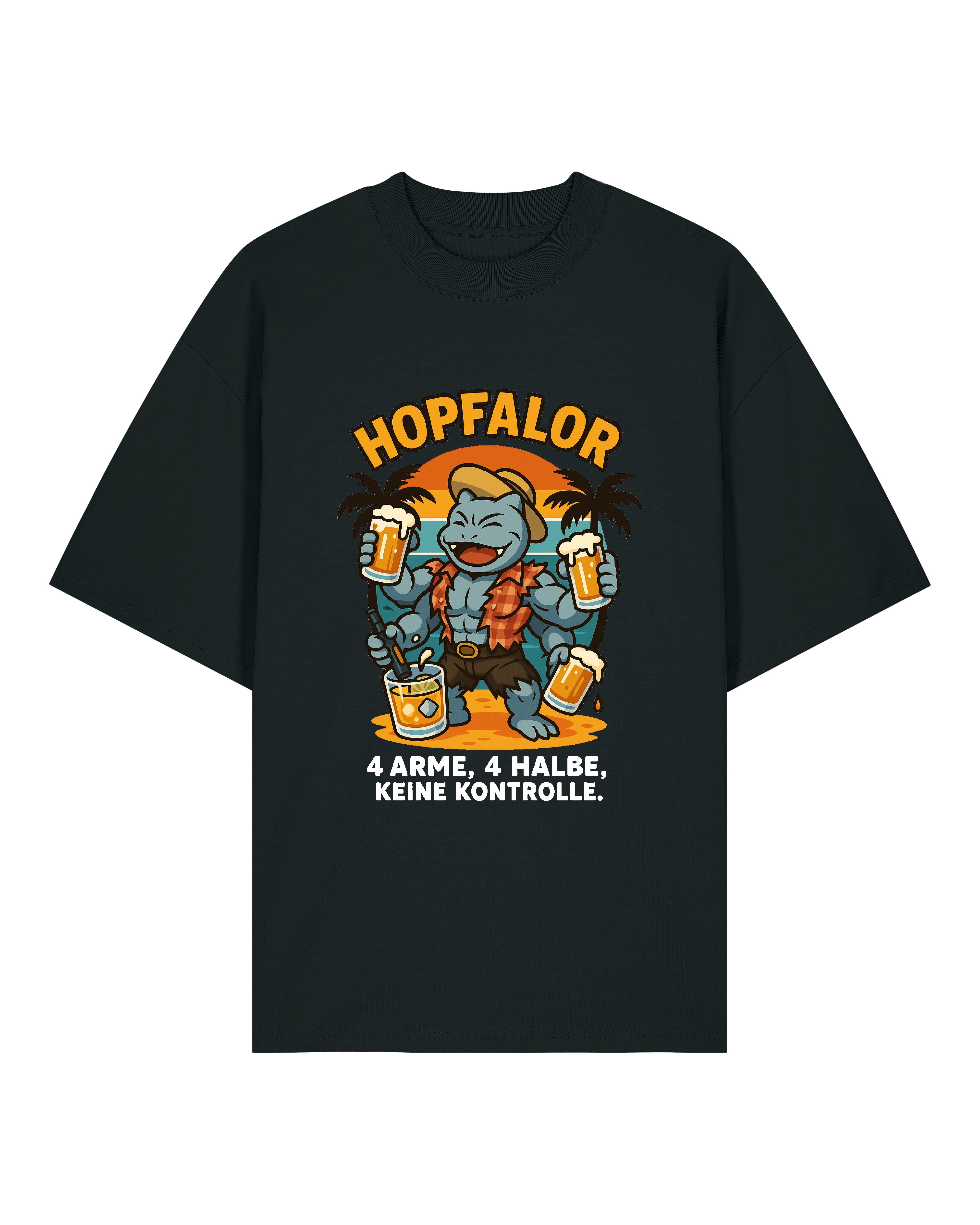 Schwarzes T-Shirt mit Hopfalor-Motiv und Spruch „4 Arme, 4 Halbe, keine Kontrolle“