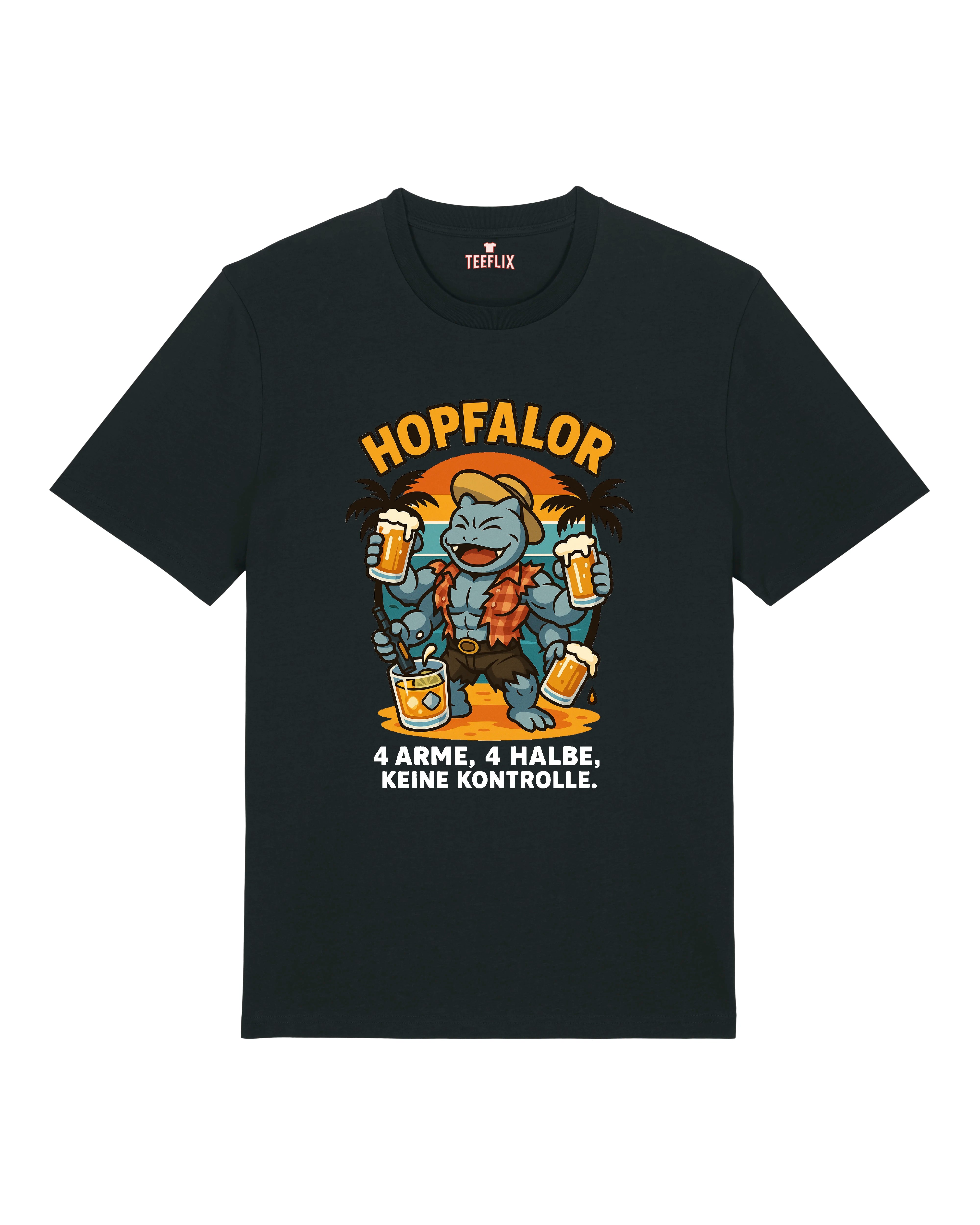 Schwarzes T-Shirt mit Hopfalor-Motiv und Spruch „4 Arme, 4 Halbe, keine Kontrolle“