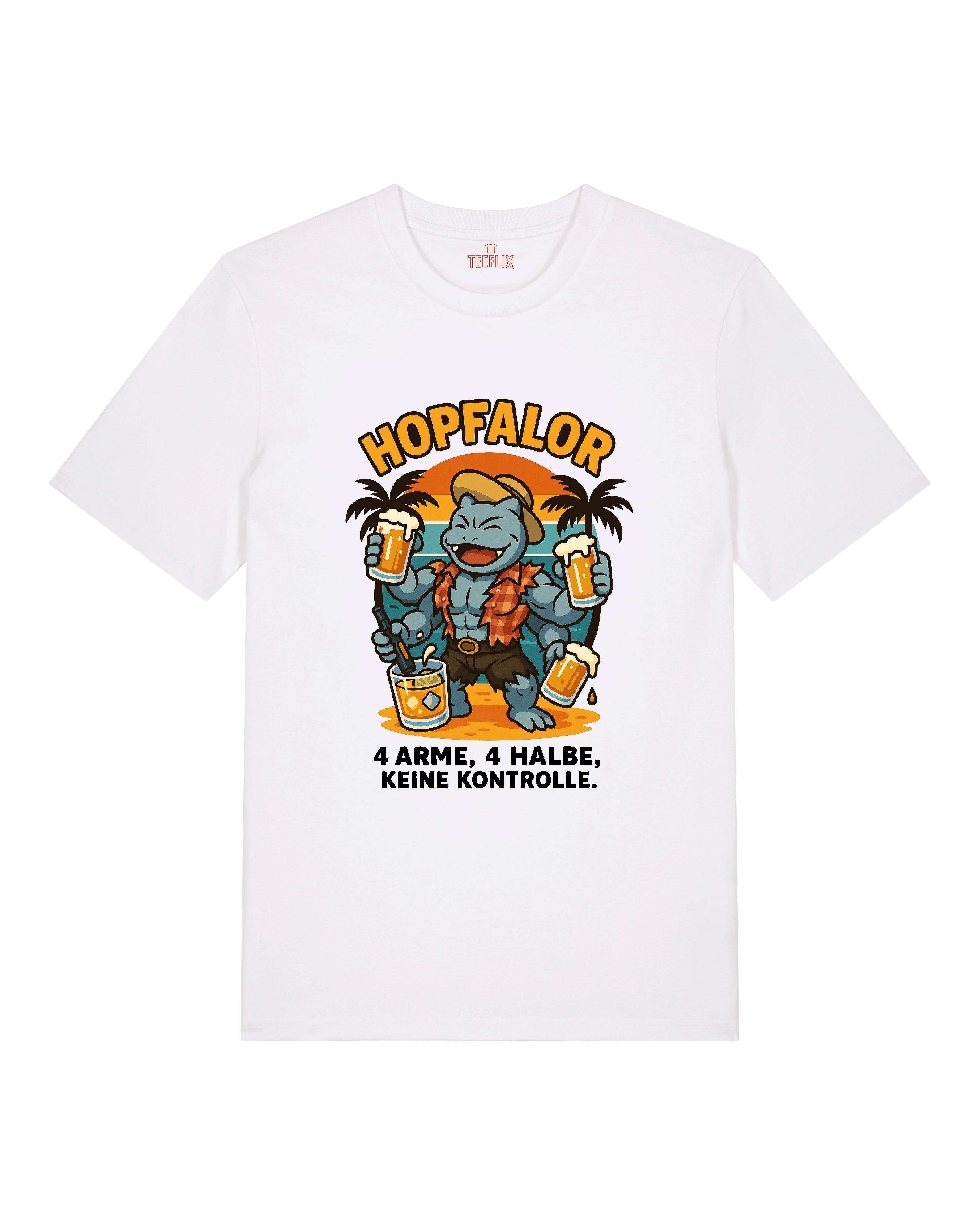 Weißes Hopfalor T-Shirt mit lustigem Vierarmigen und Biergläsern