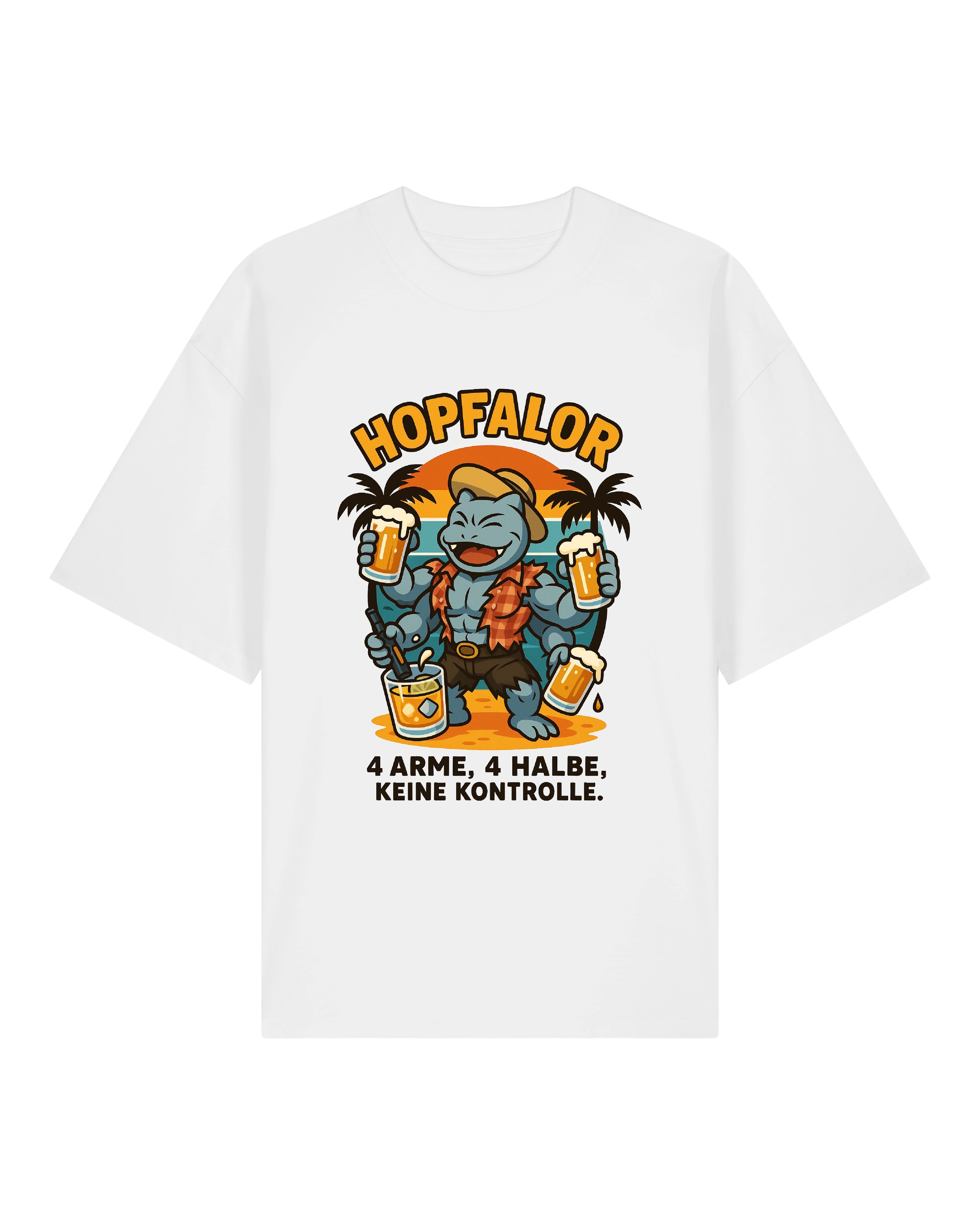 Weißes Hopfalor T-Shirt mit lustigem Vierarmigen und Biergläsern