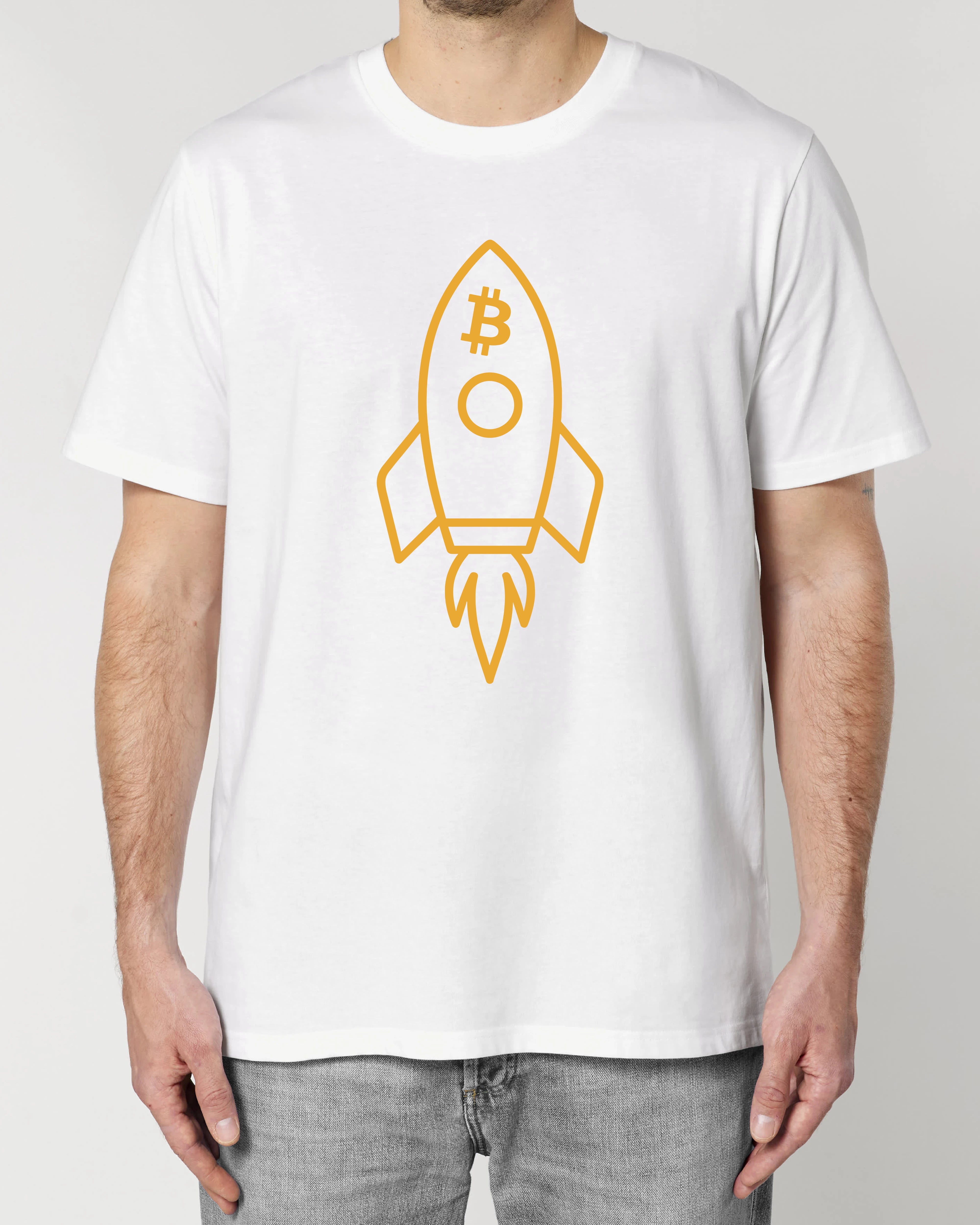 Bitcoin Rakete T-Shirt in Weiß – Minimalistisches Krypto Design auf Premium Unisex Shirt von Teeflix