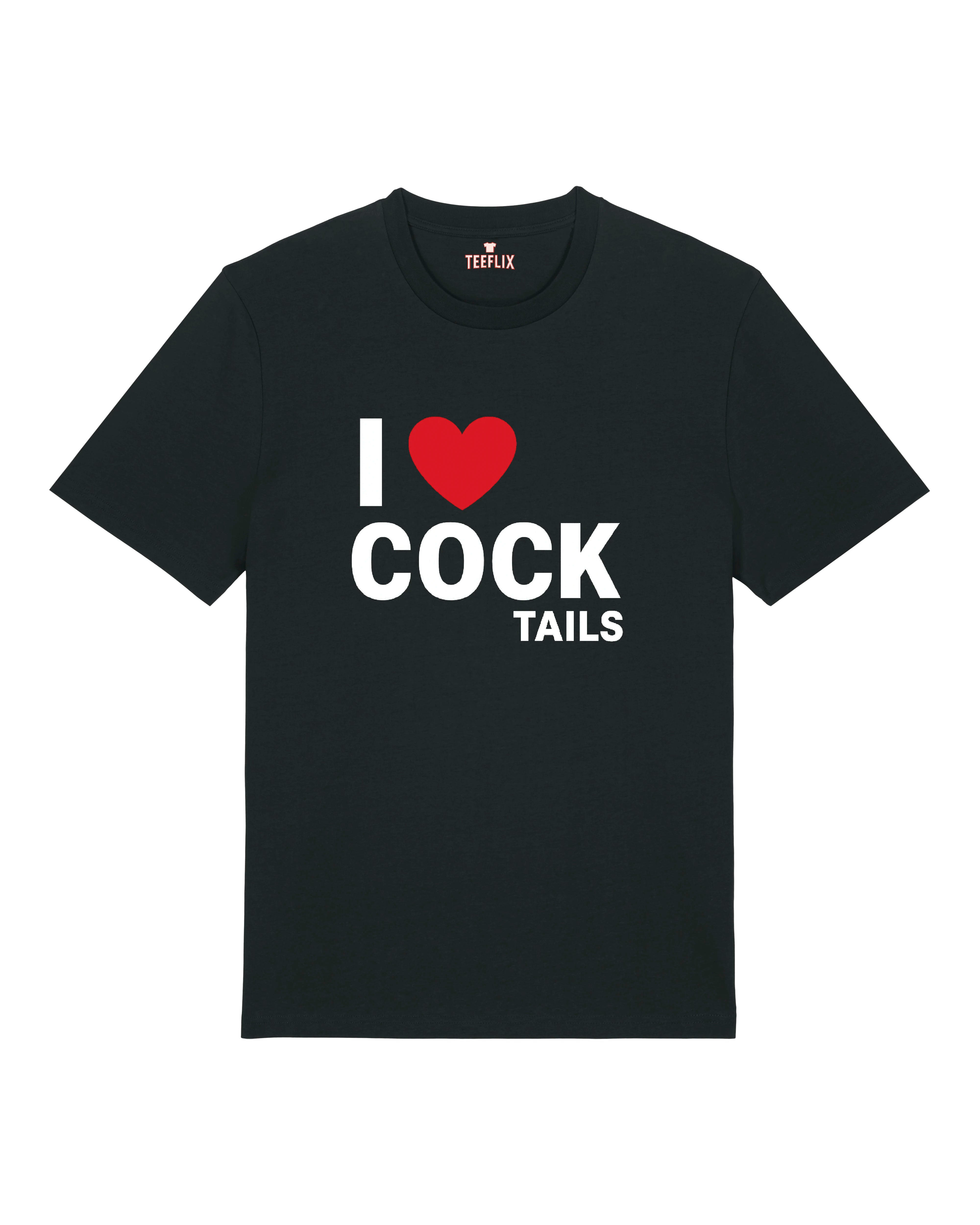 Schwarzes T-Shirt mit dem Schriftzug „I ❤️ COCKtails“ – lustiges, zweideutiges Cocktailshirt.