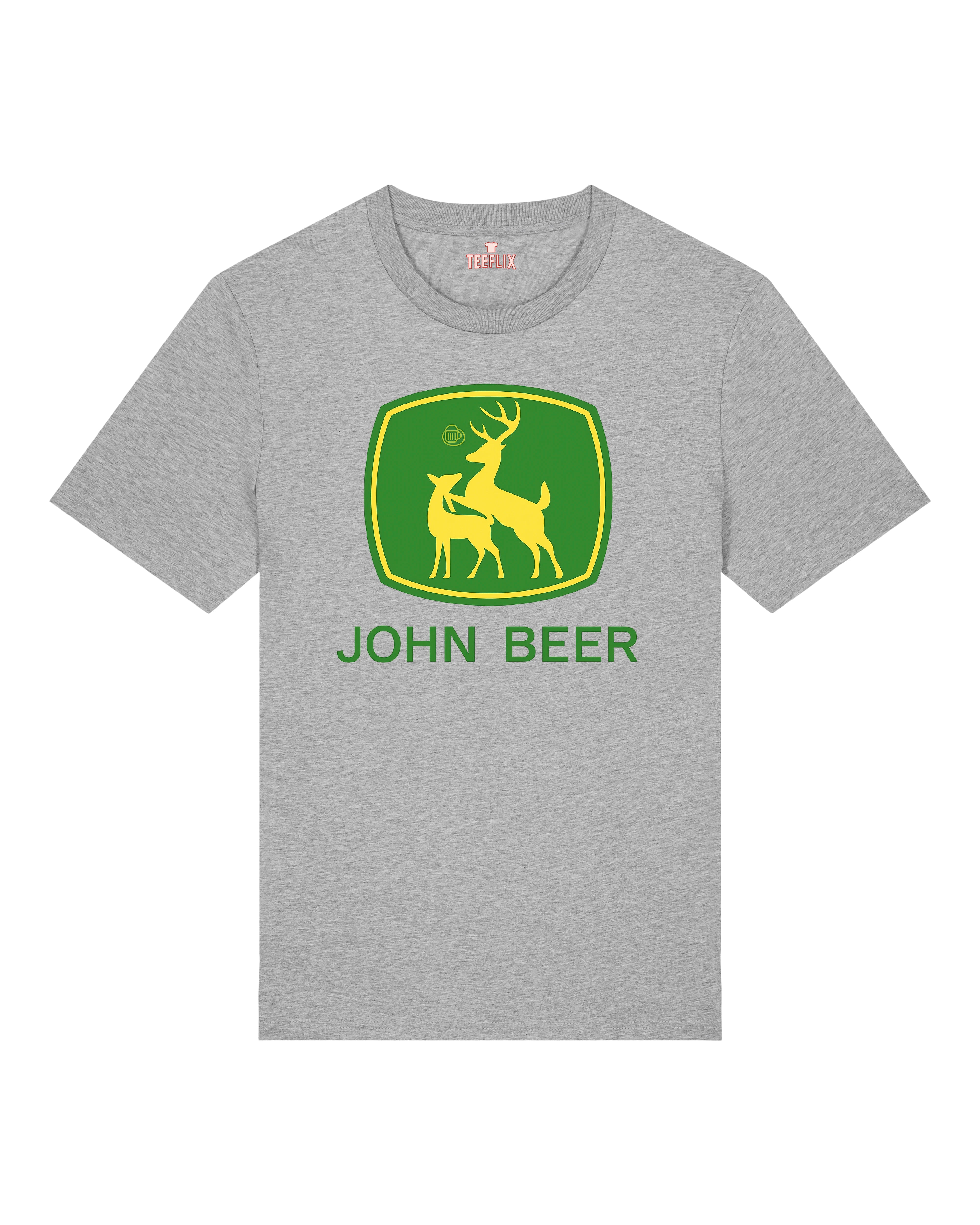 Graues Funshirt mit satirischem John Beer Logo – zwei Hirsche im grünen Markenstil für Bierfreunde.