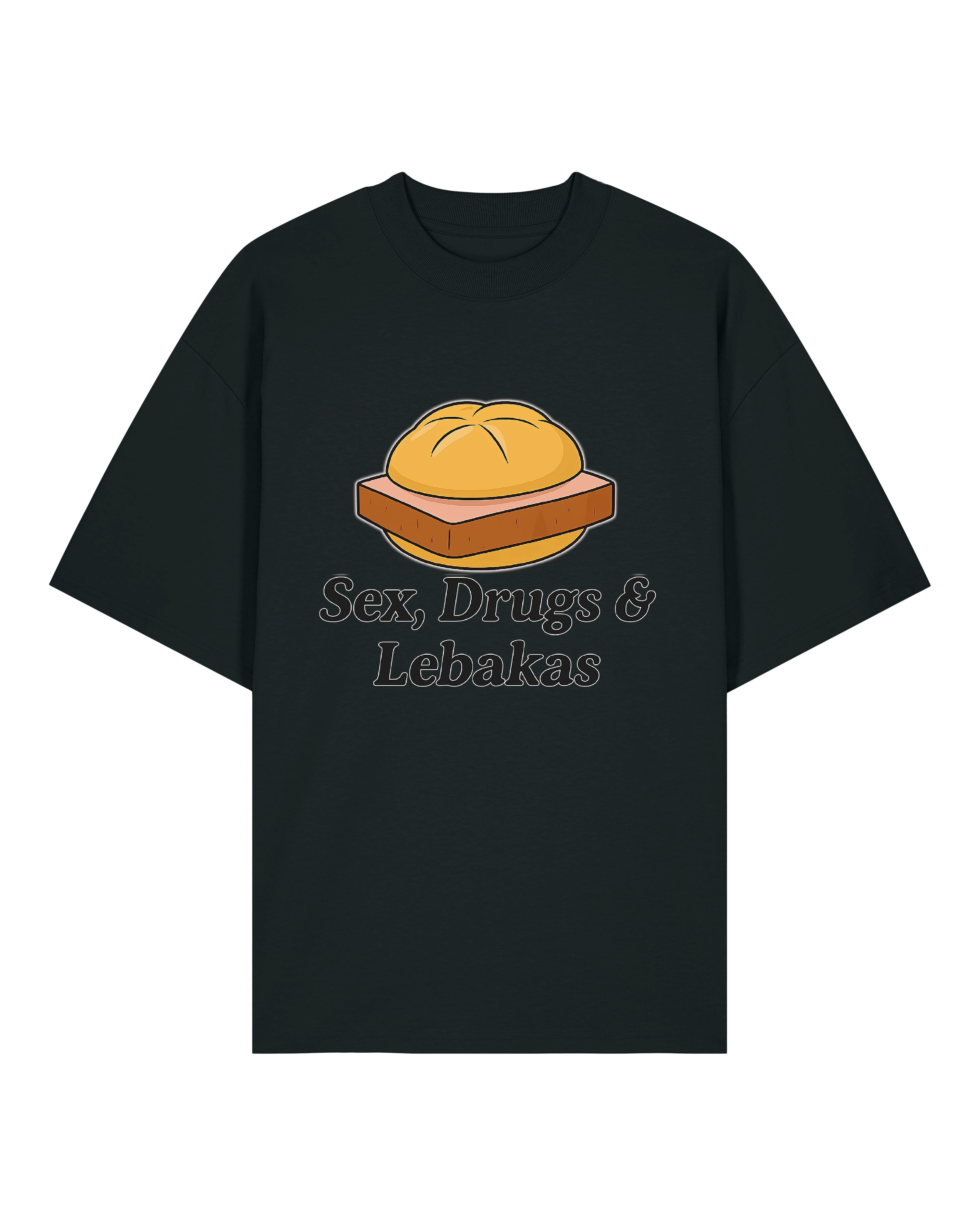 Schwarzes T-Shirt mit Aufdruck „Sex, Drugs & Lebakas“ und einer Zeichnung eines Leberkäsbrötchens in kräftigen Farben. Perfekt für Fans von bayerischem Humor und deftiger Küche.