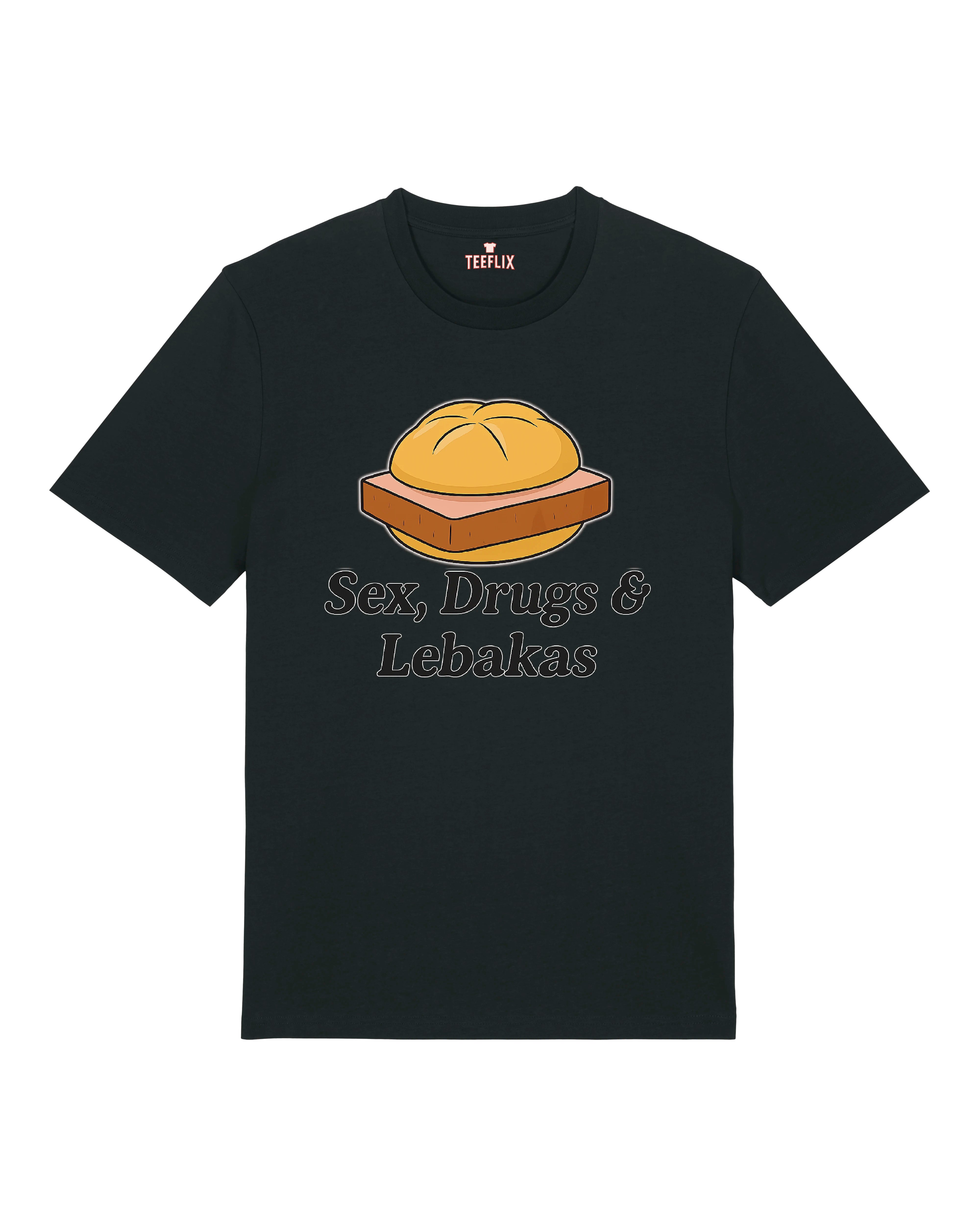 Schwarzes T-Shirt mit Aufdruck „Sex, Drugs & Lebakas“ und einer Zeichnung eines Leberkäsbrötchens in kräftigen Farben. Perfekt für Fans von bayerischem Humor und deftiger Küche.