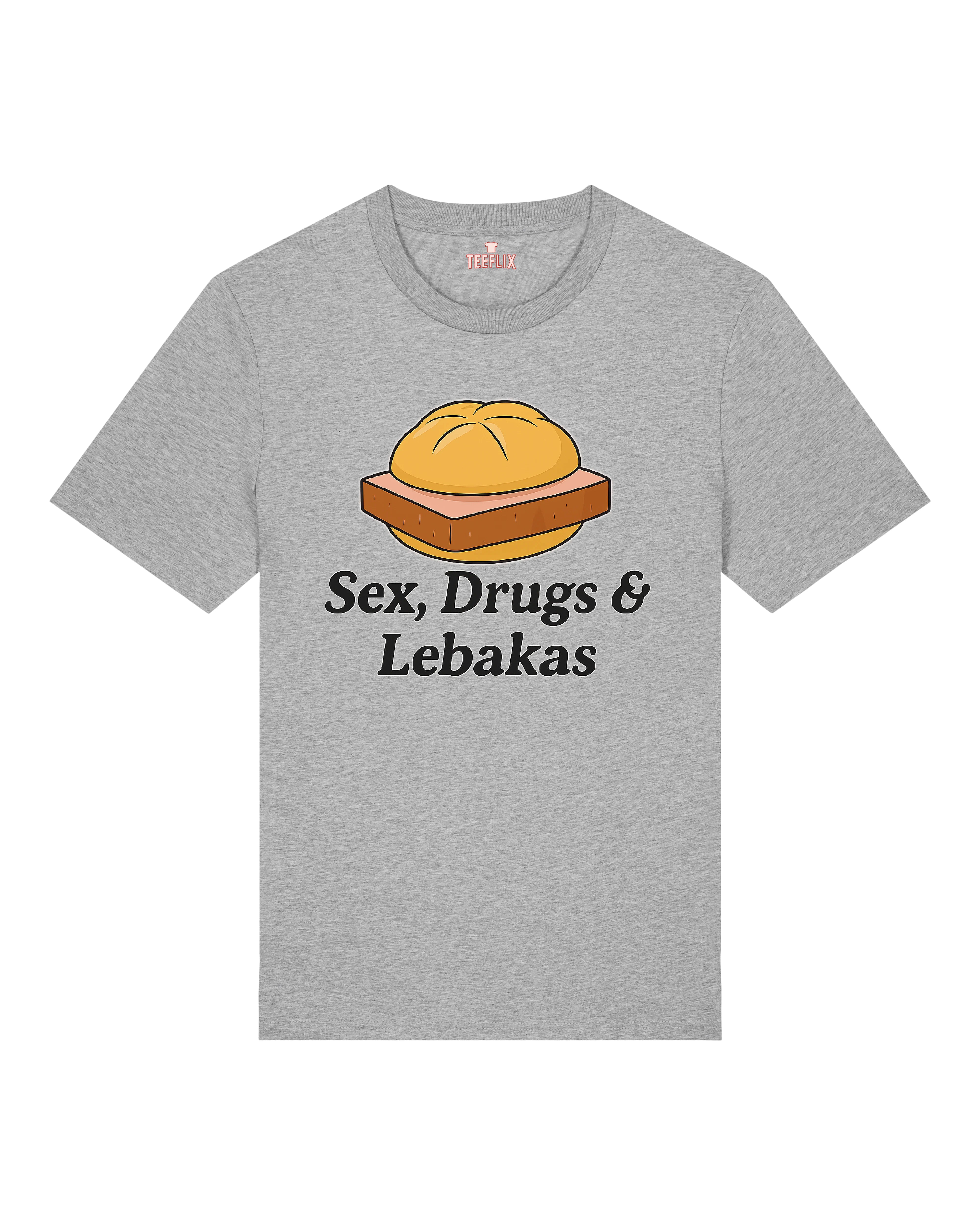 Graues T-Shirt mit humorvollem Motiv „Sex, Drugs & Lebakas“. Das klassische Leberkäsbrötchen als Statement für alle, die ihre Liebe zur Hausmannskost zeigen möchten.