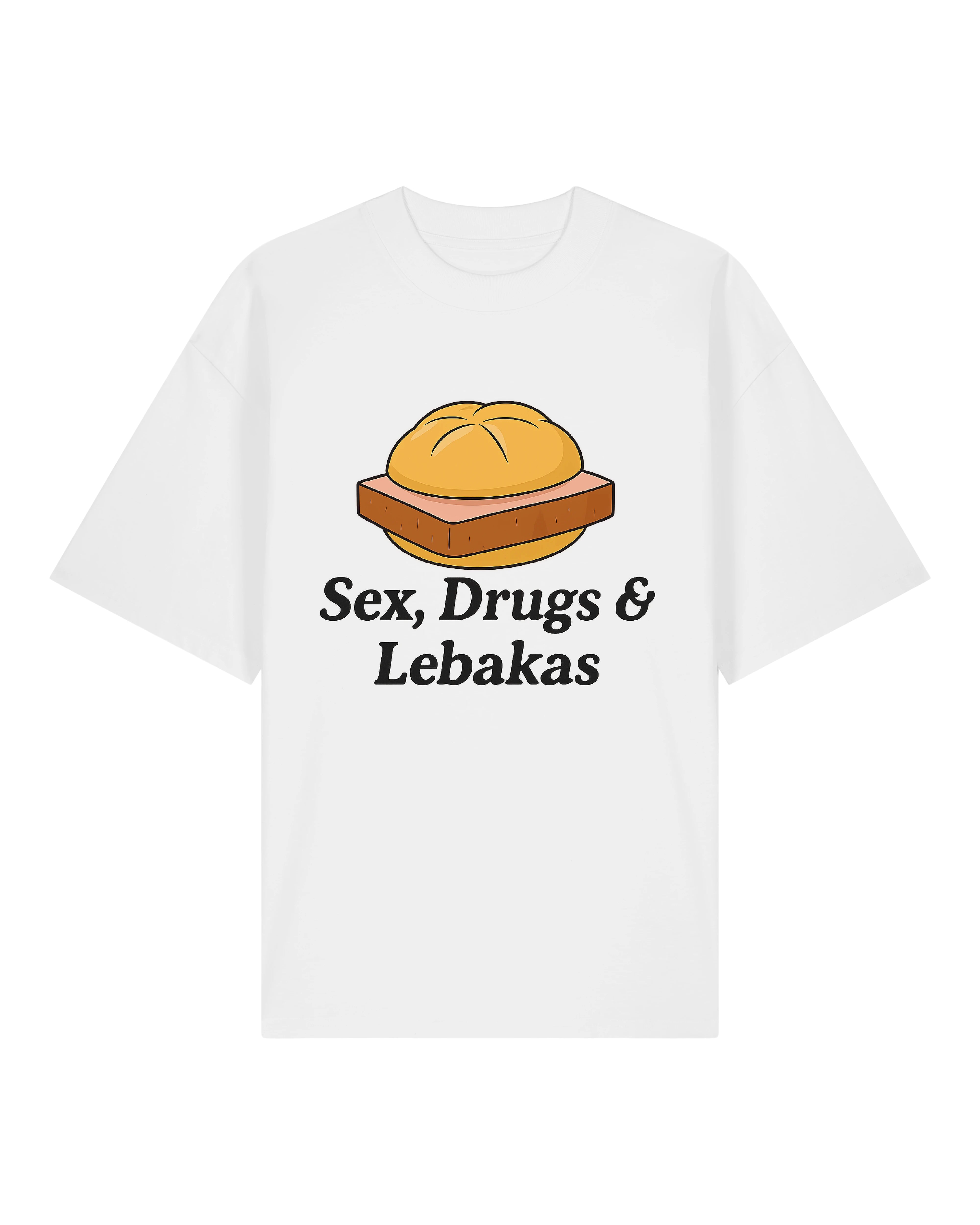 Weißes T-Shirt mit sattem Print eines Leberkäs-Semmels und dem Slogan „Sex, Drugs & Lebakas“. Auffällig, witzig und ideal für den Sommer oder Volksfeste.