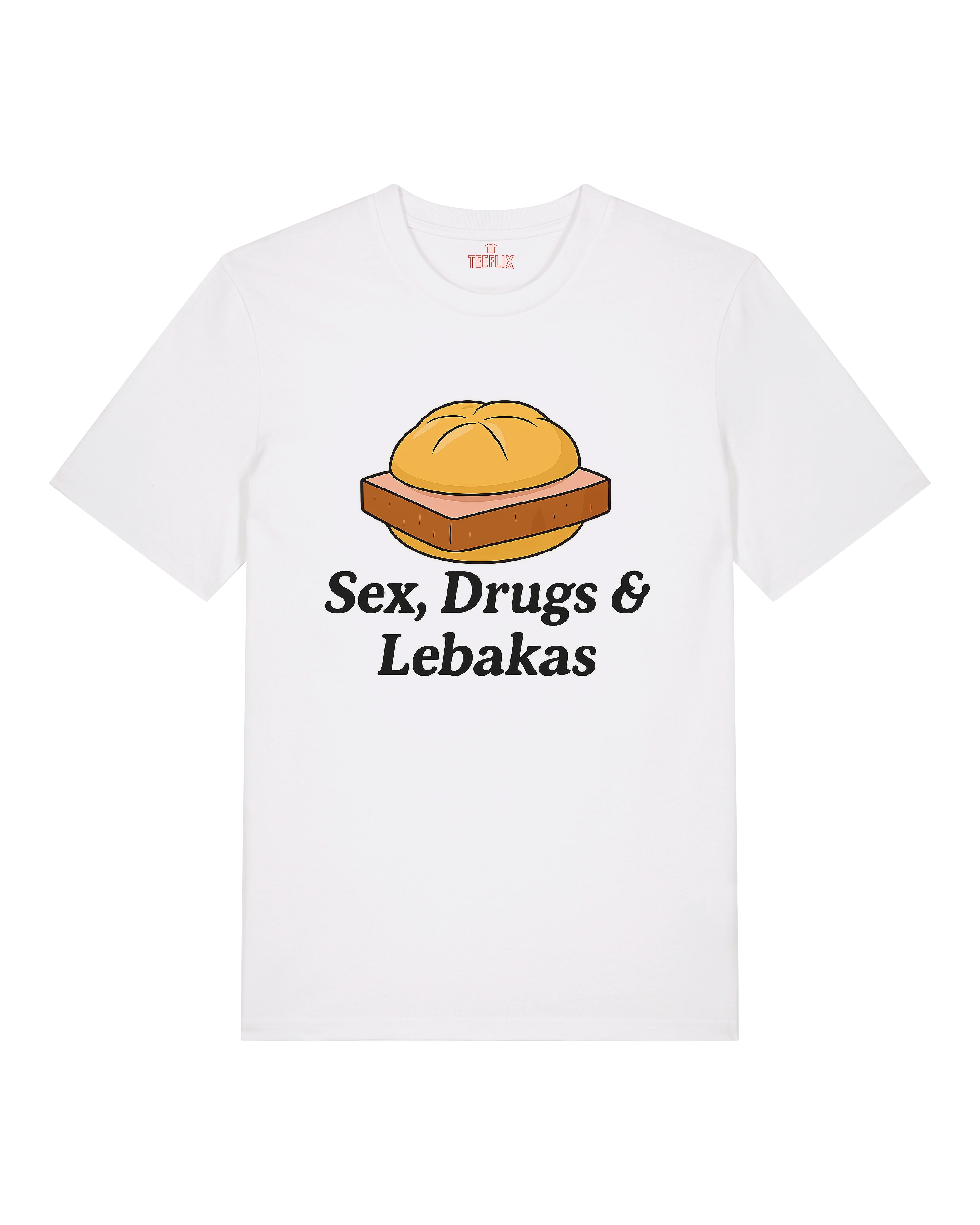 Weißes T-Shirt mit sattem Print eines Leberkäs-Semmels und dem Slogan „Sex, Drugs & Lebakas“. Auffällig, witzig und ideal für den Sommer oder Volksfeste.