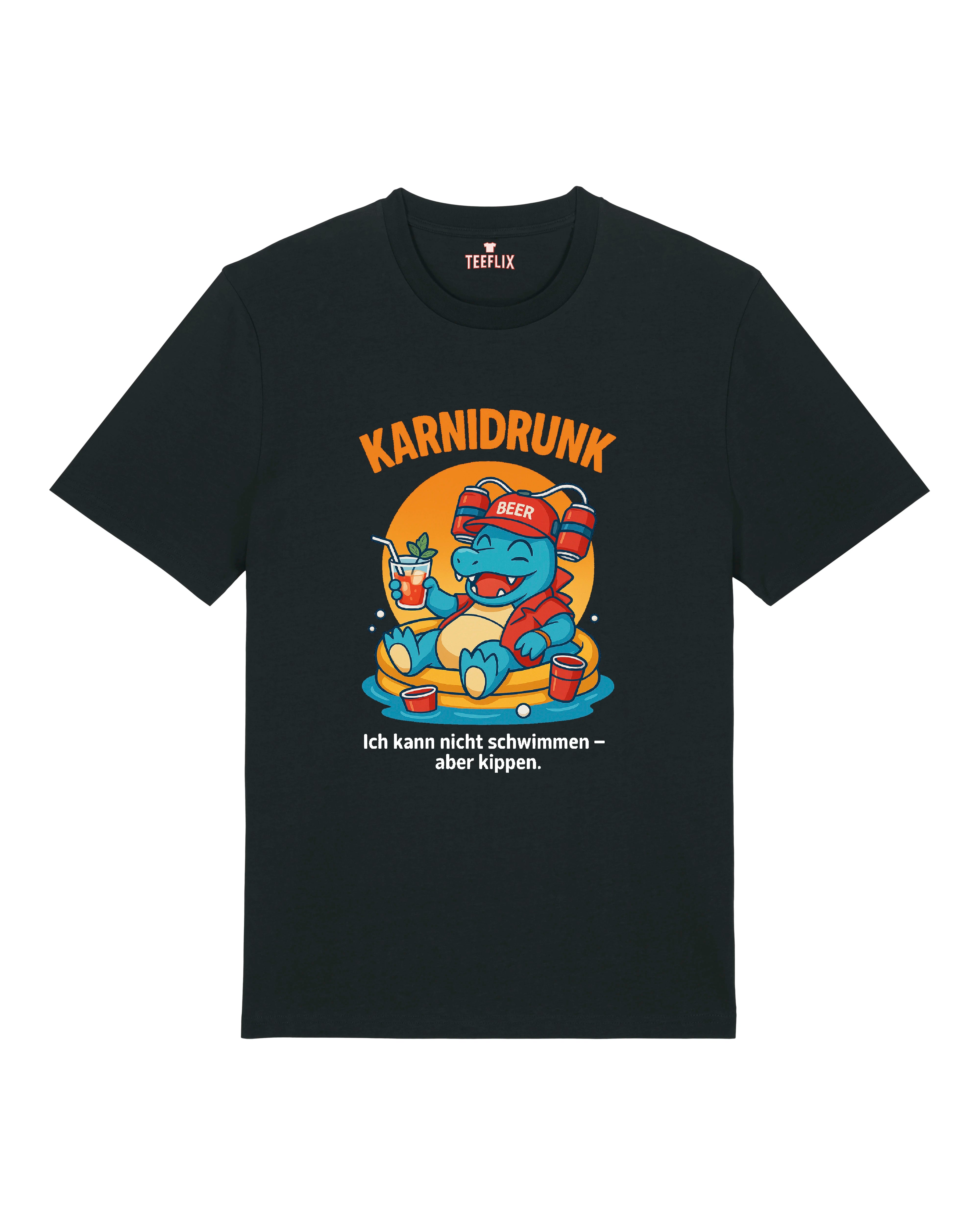 Schwarzes Karnidrunk T-Shirt mit witzigem Bierhelm-Dino-Motiv