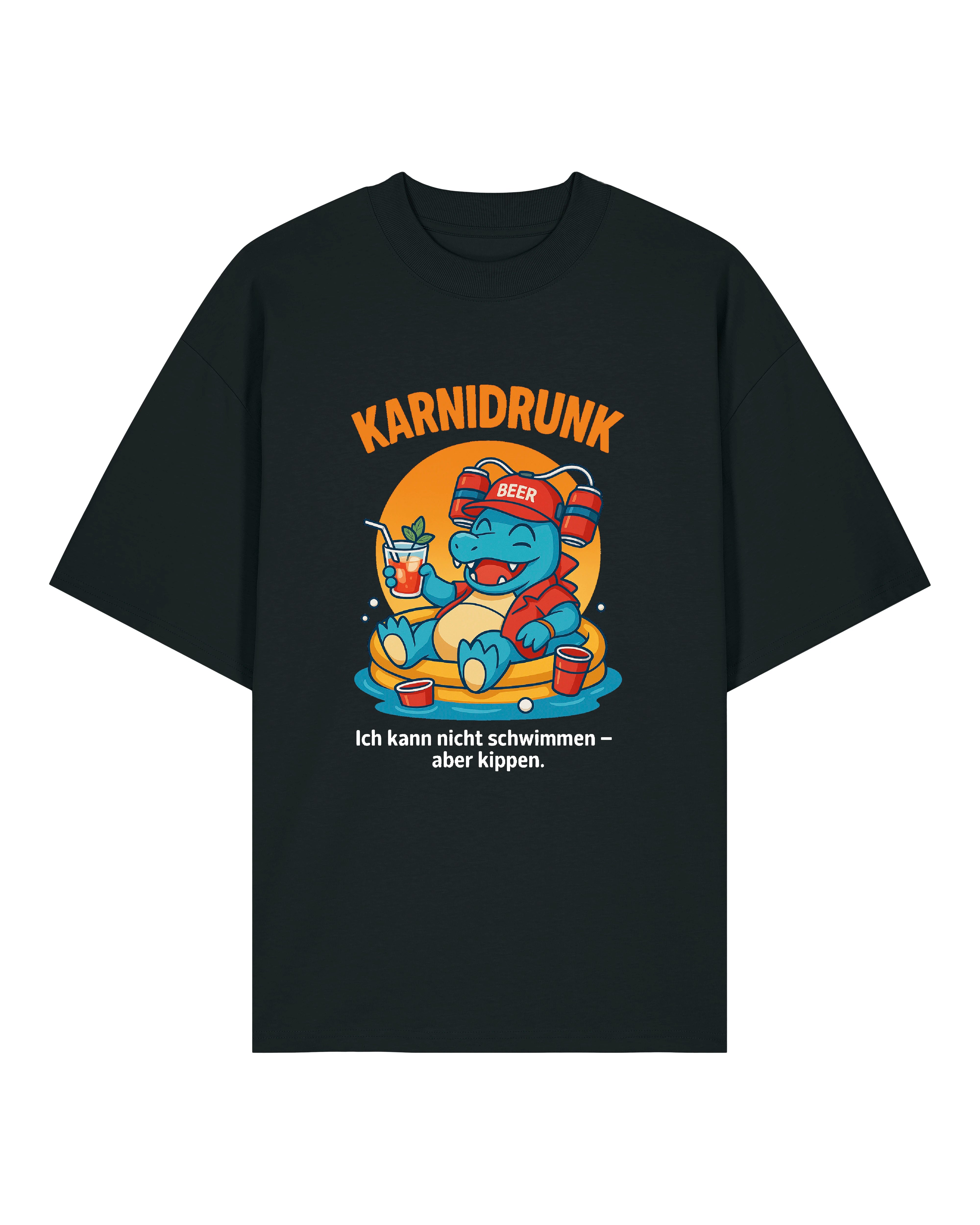 Schwarzes Karnidrunk T-Shirt mit witzigem Bierhelm-Dino-Motiv
