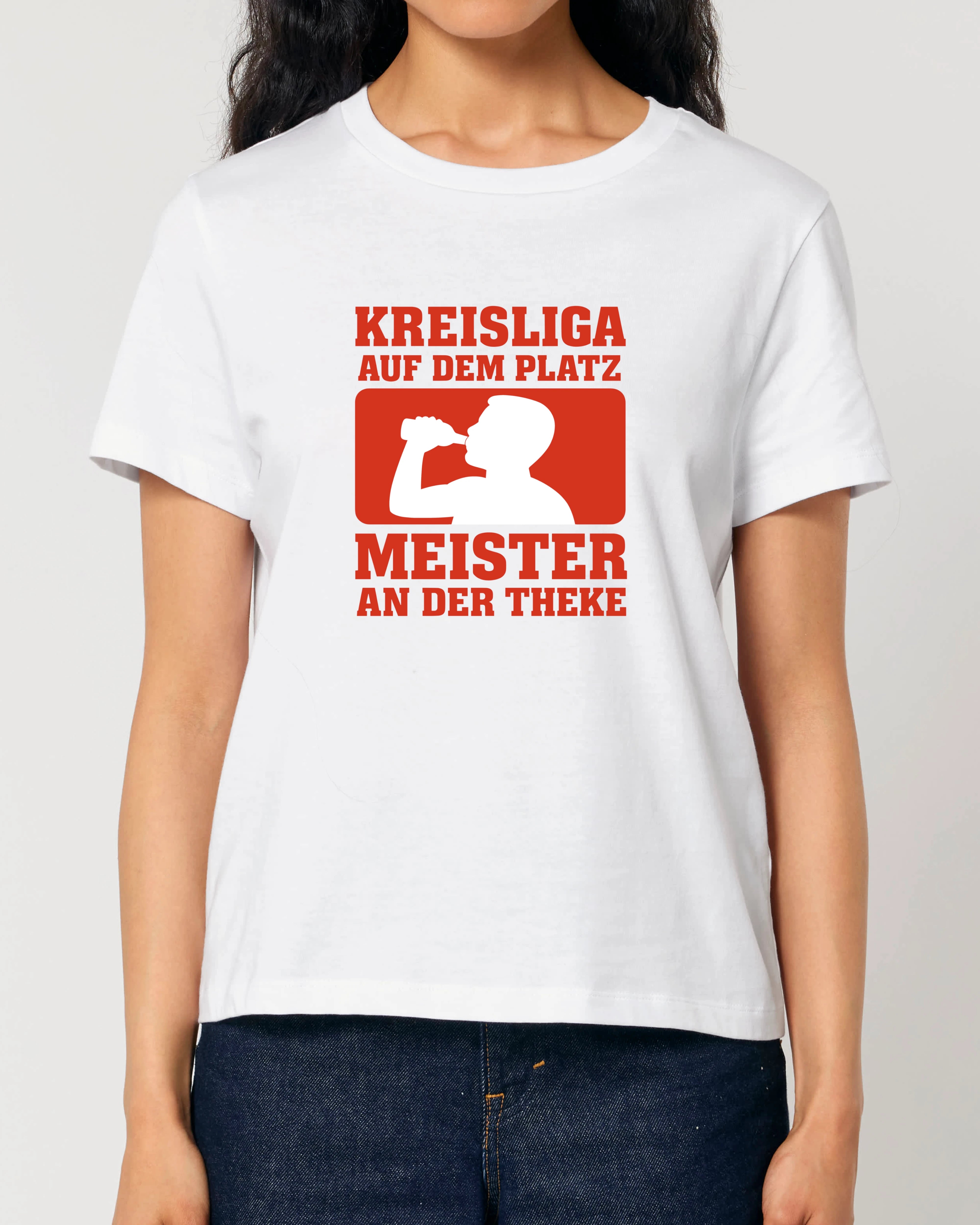 Kreisliga Damen Shirt in Weiß mit Spruch Meister an der Theke