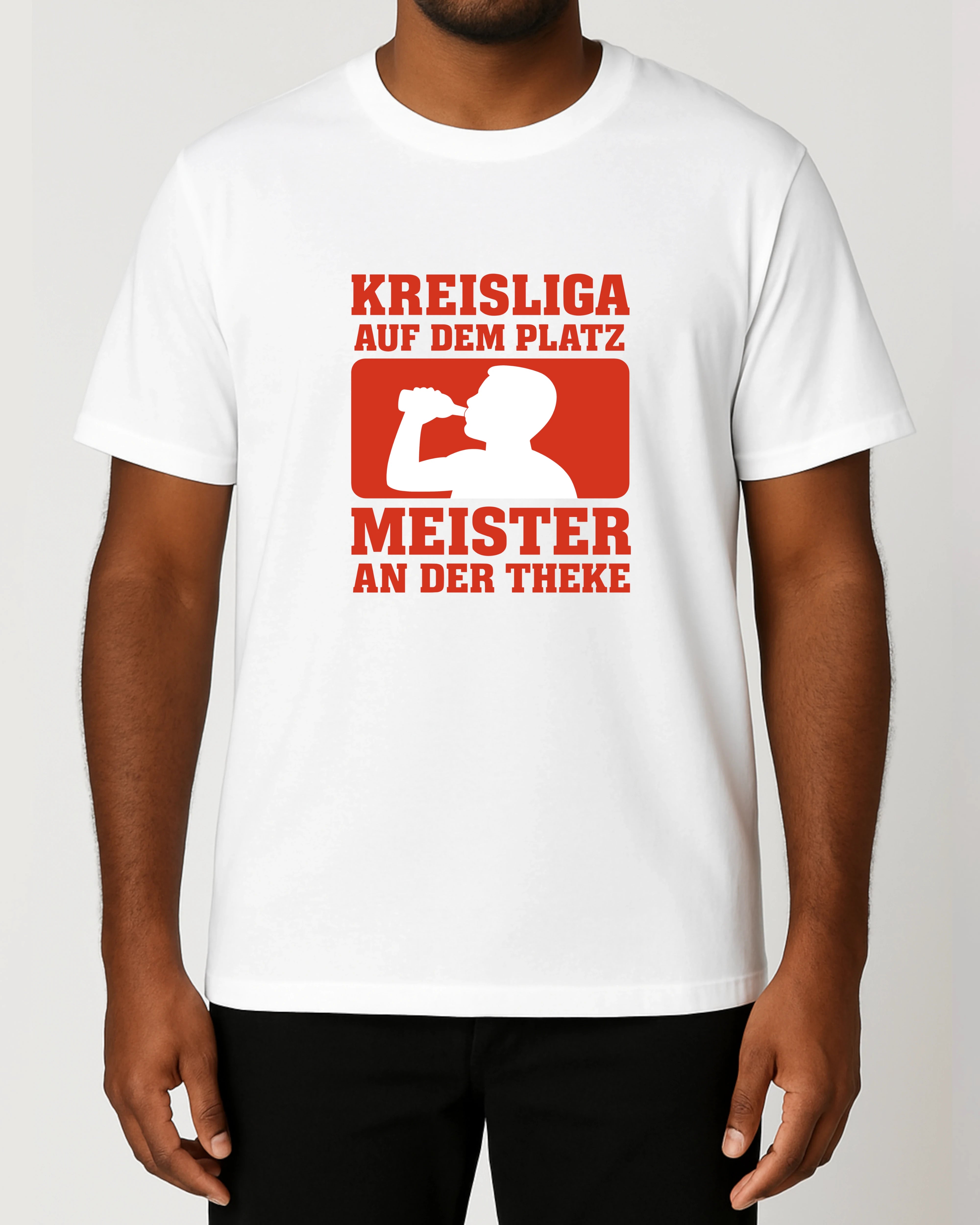 Kreisliga Shirt Meister an der Theke Fußball Spruchshirt Weiß