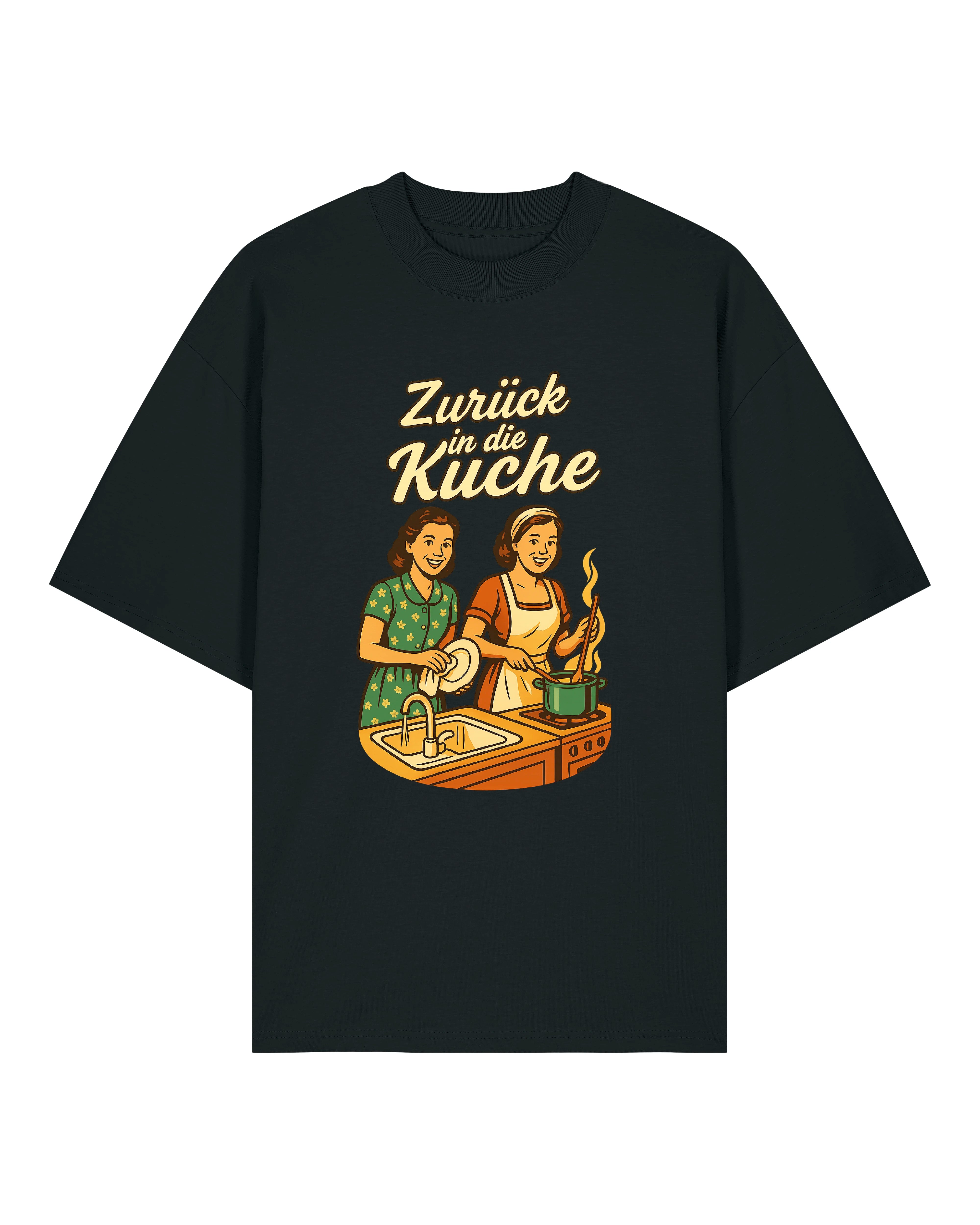 Schwarzes Shirt mit Retro-Aufdruck: Frauen in der Küche