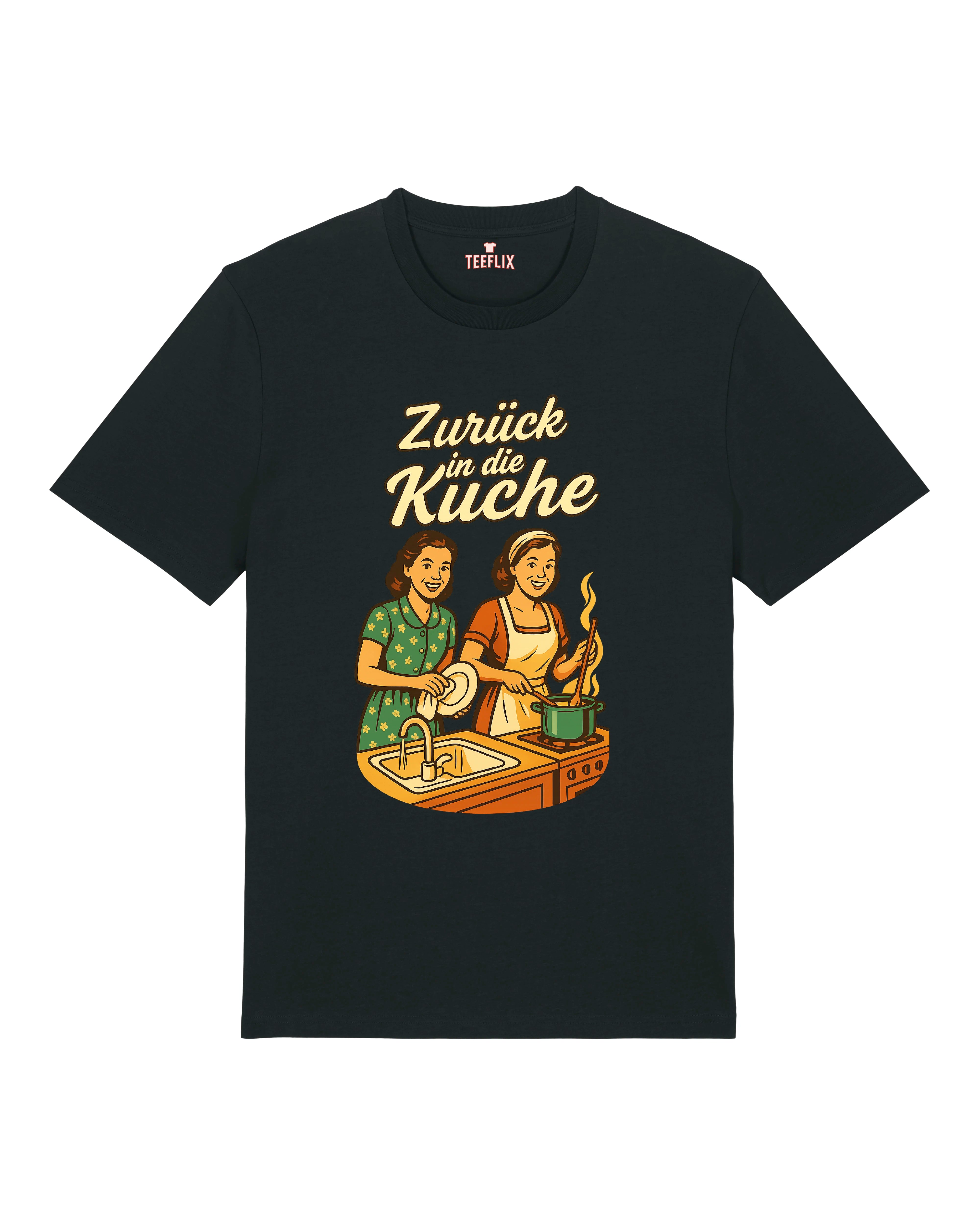 Schwarzes Shirt mit Retro-Aufdruck: Frauen in der Küche