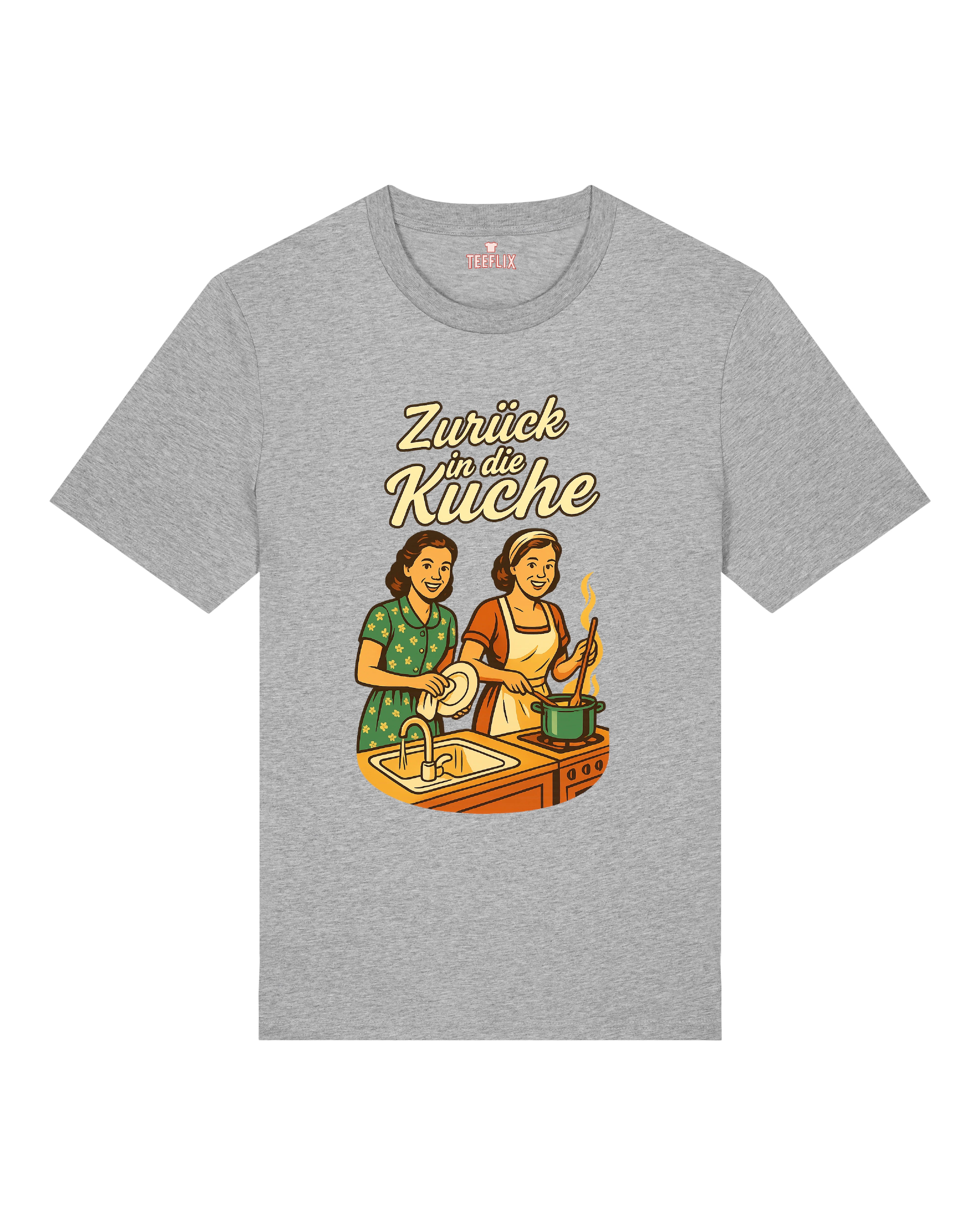 Graues Funshirt „Zurück in die Küche“ im Vintage-Stil