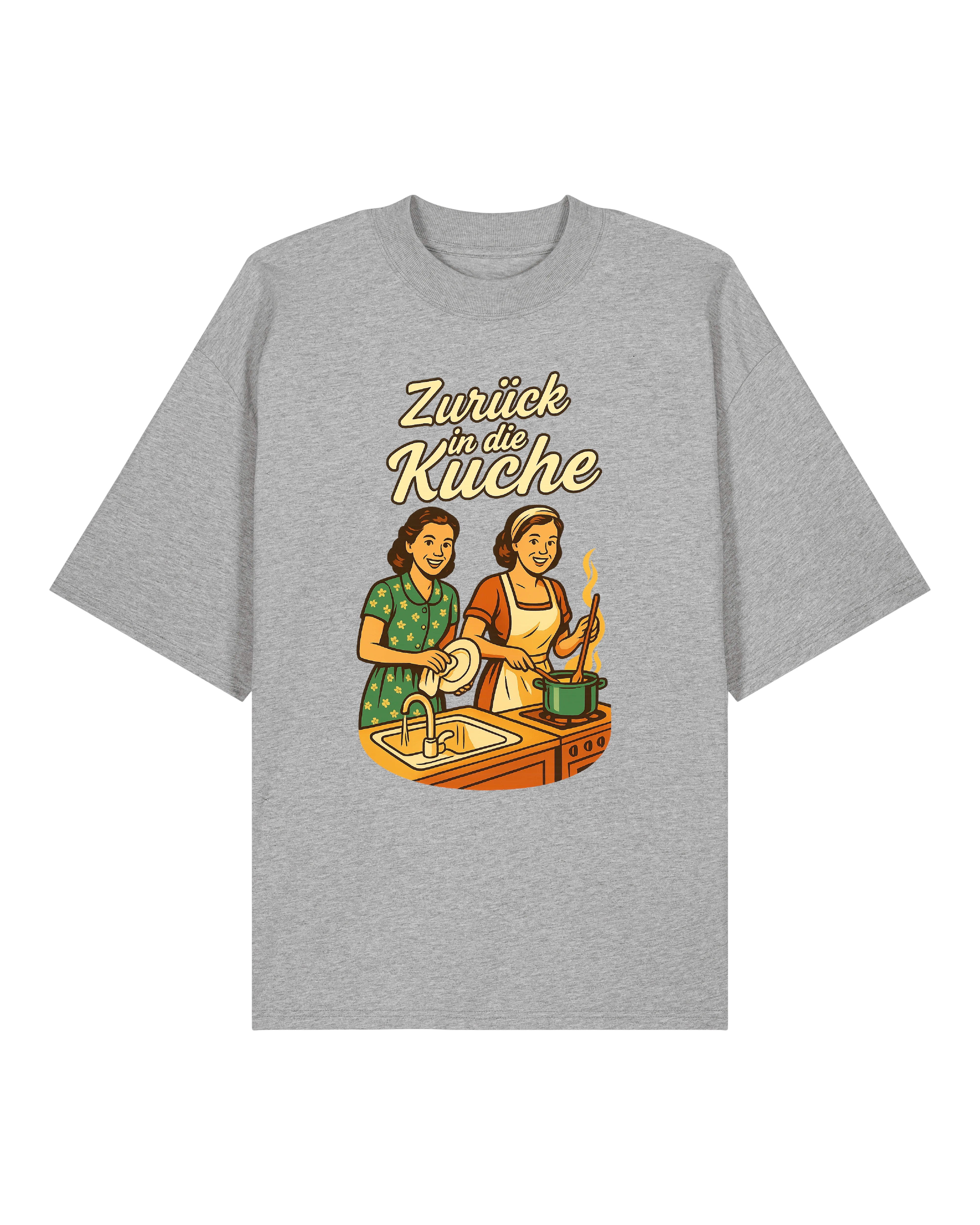 Graues Funshirt „Zurück in die Küche“ im Vintage-Stil