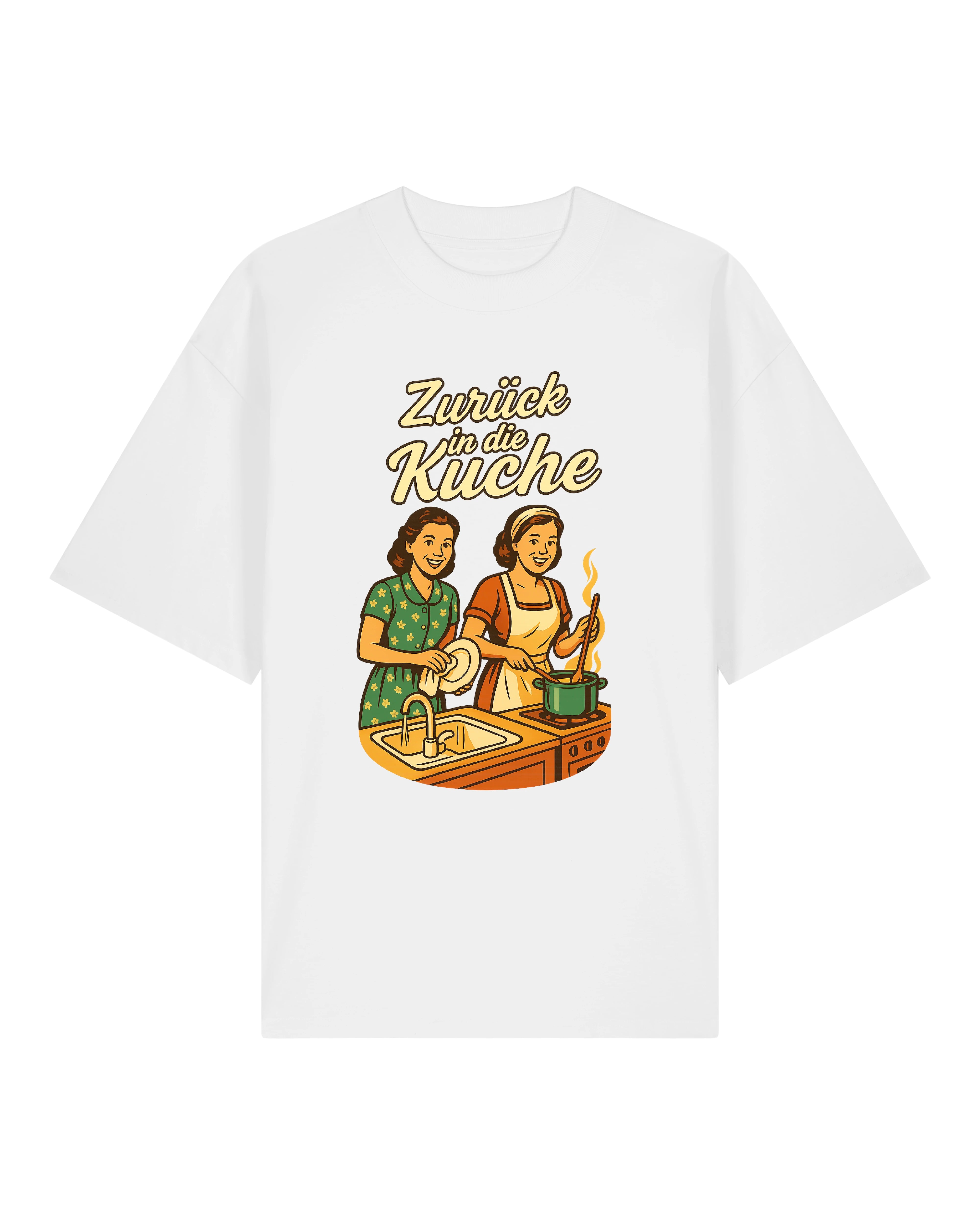 Weißes Retro-T-Shirt mit zwei Frauen und Küchenmotiv