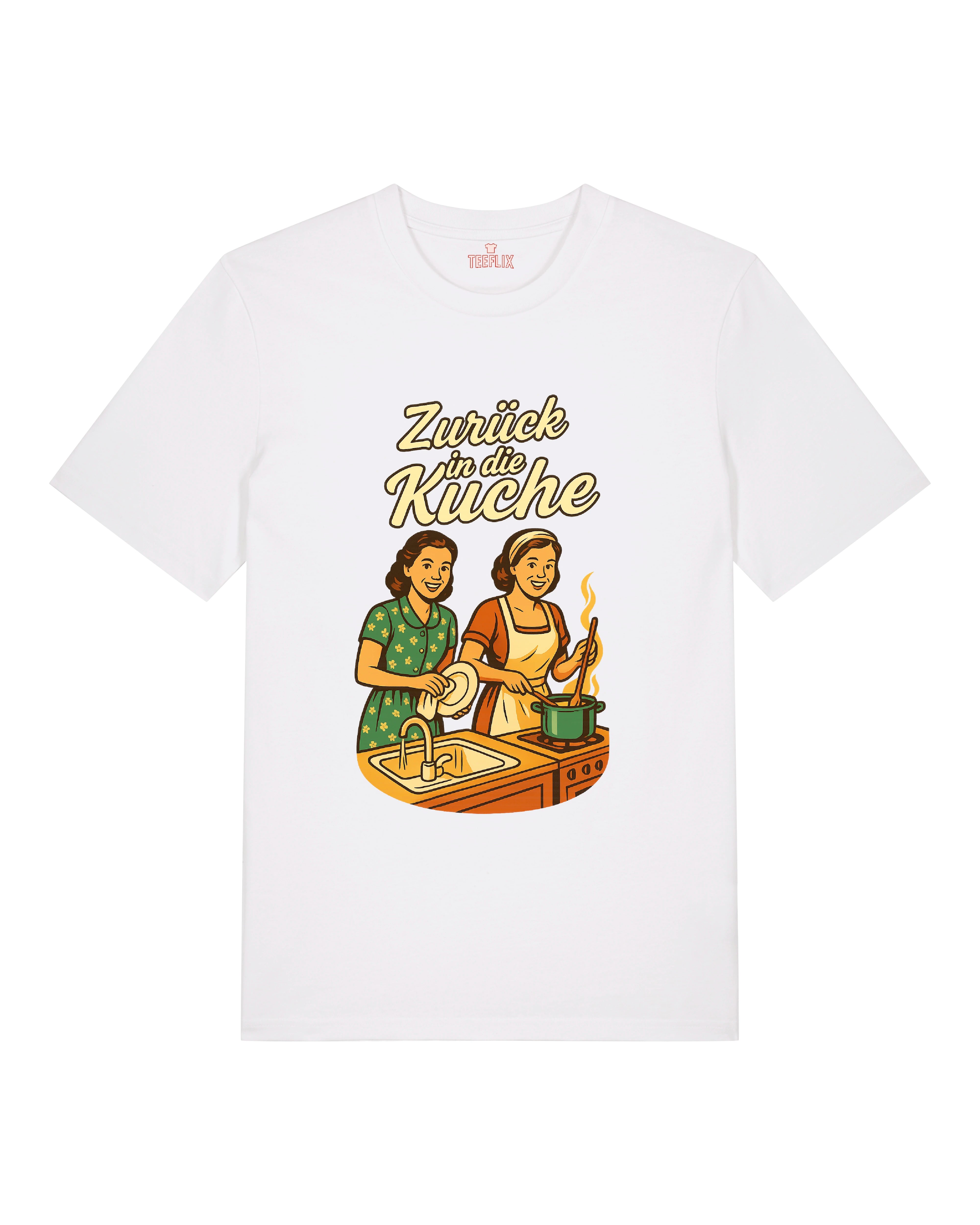Weißes Retro-T-Shirt mit zwei Frauen und Küchenmotiv