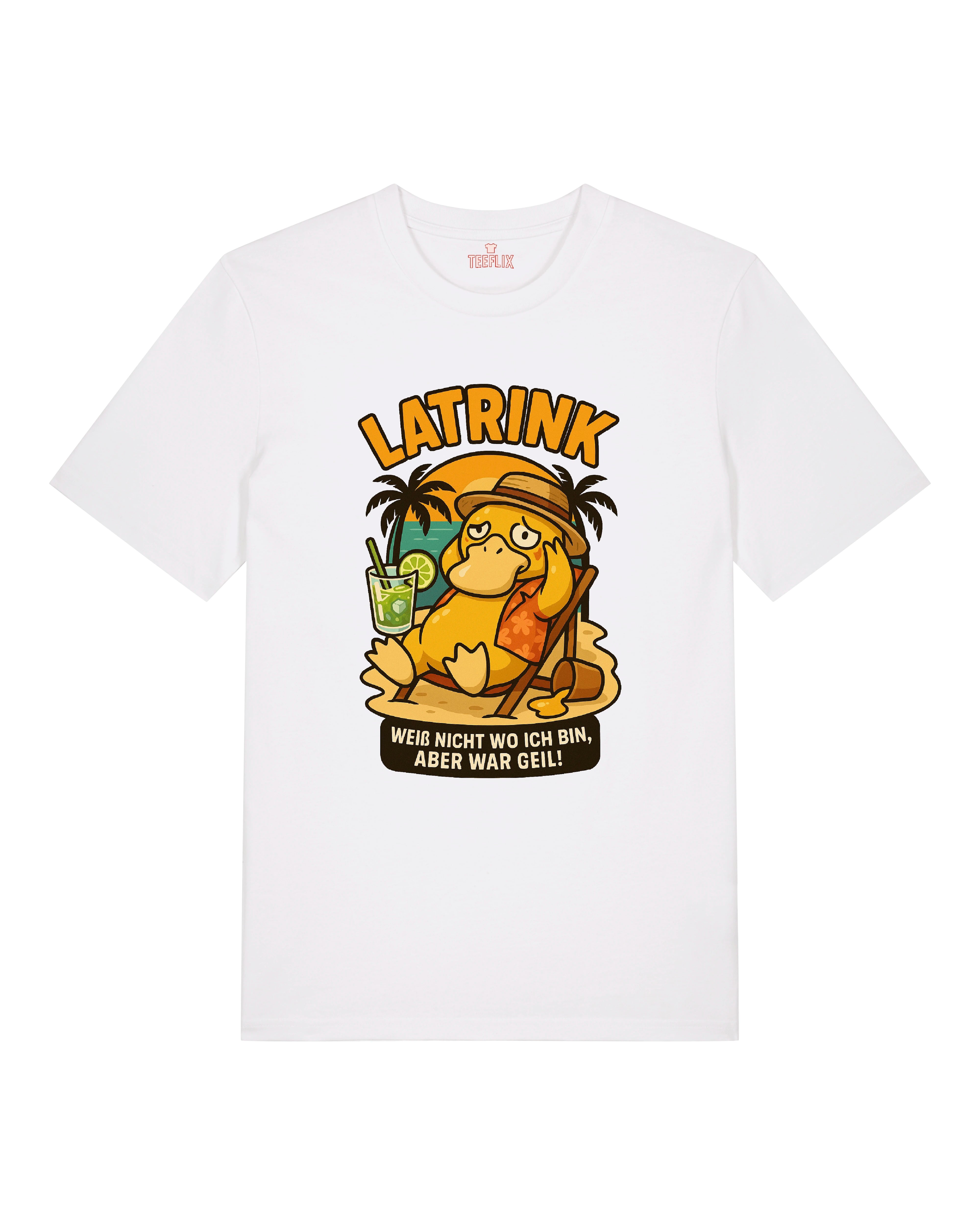 LATRINK Shirt Weiß – Entspanntes Sommermotiv mit Ente, Sonnenhut und Cocktail. Perfekt für Festivals, Urlaub oder Alltag.