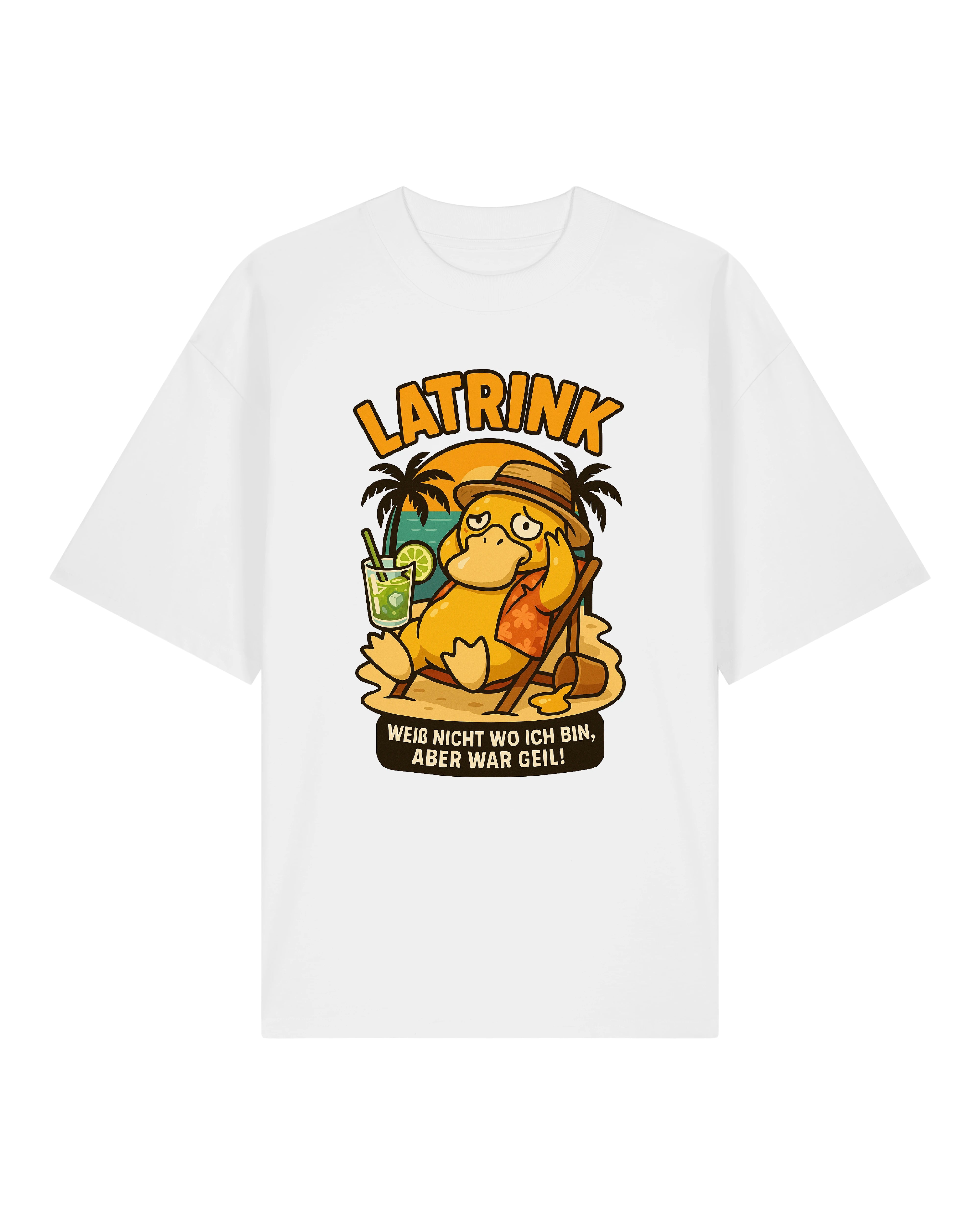 LATRINK Shirt Weiß – Entspanntes Sommermotiv mit Ente, Sonnenhut und Cocktail. Perfekt für Festivals, Urlaub oder Alltag.