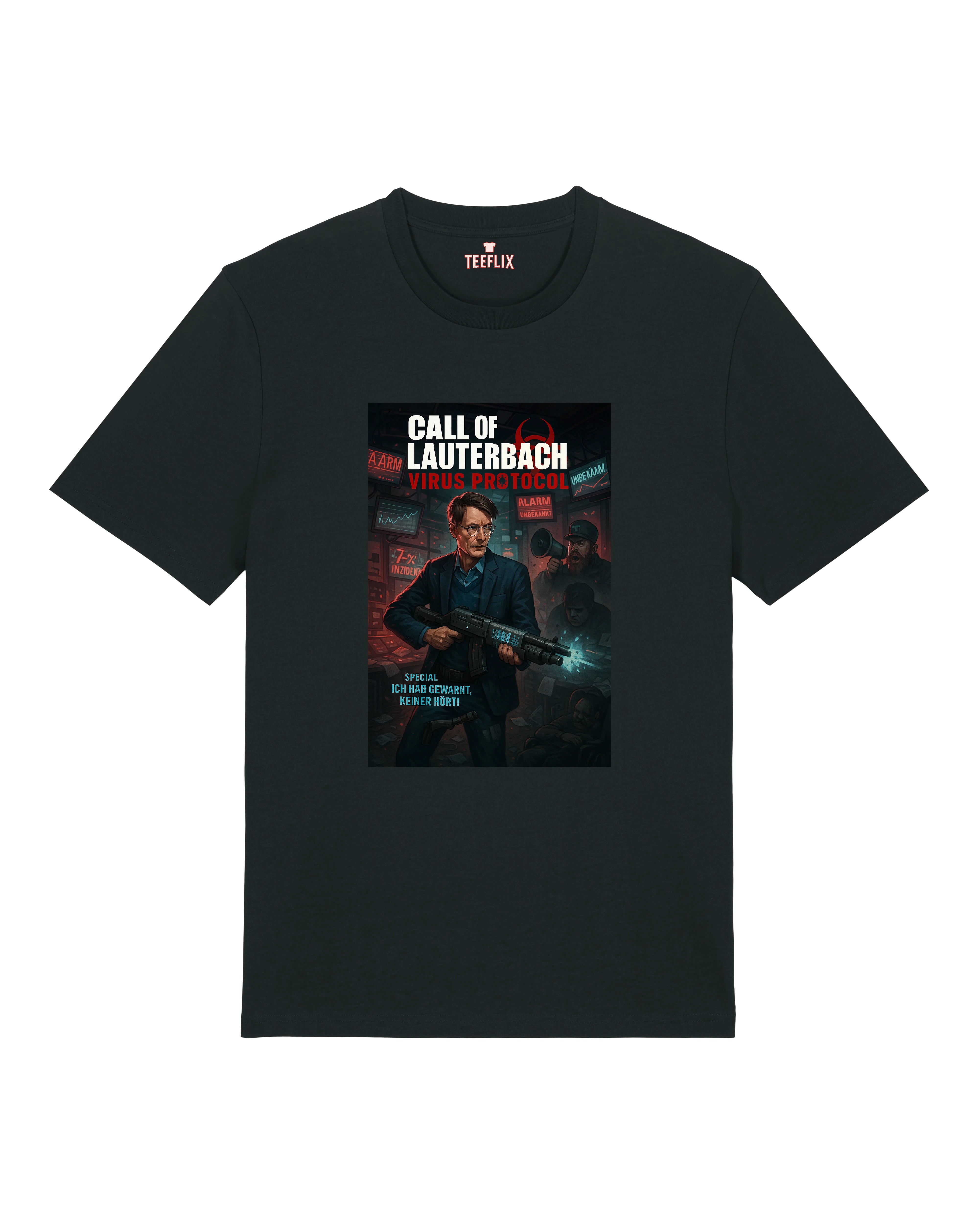 Schwarzes Shirt mit dystopischem Pandemie-Artwork von Lauterbach.