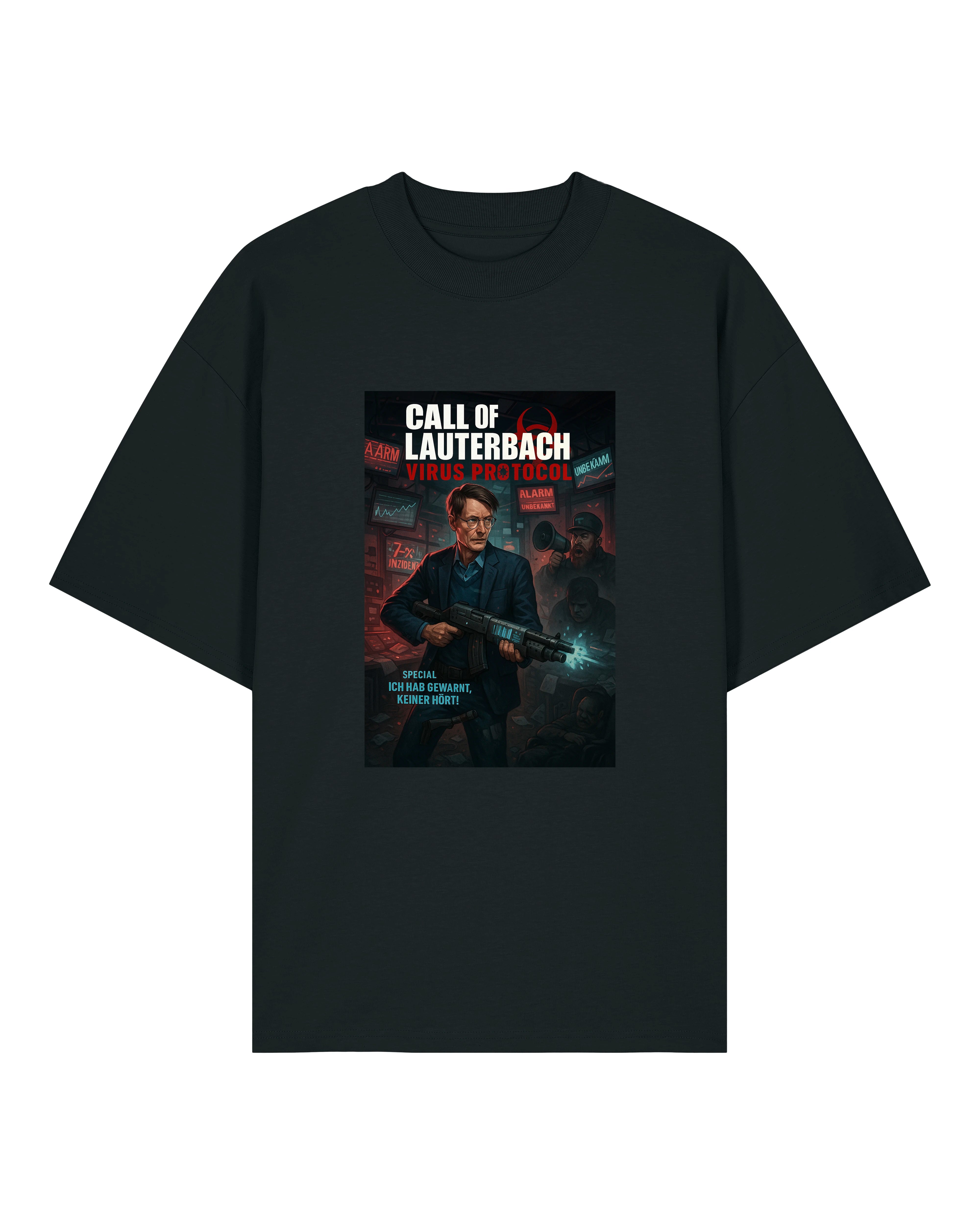 Schwarzes Shirt mit dystopischem Pandemie-Artwork von Lauterbach.